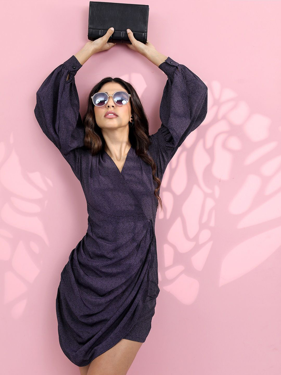 

Tokyo Talkies Women Cuffed Sleeves Wrap Dress, Black