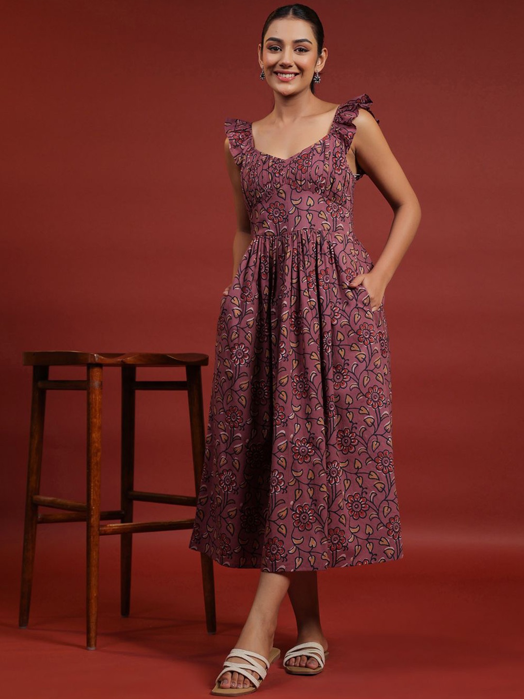 

anayna Printed Cotton Fit & Flared Maxi Ethnic Dresses, Mauve