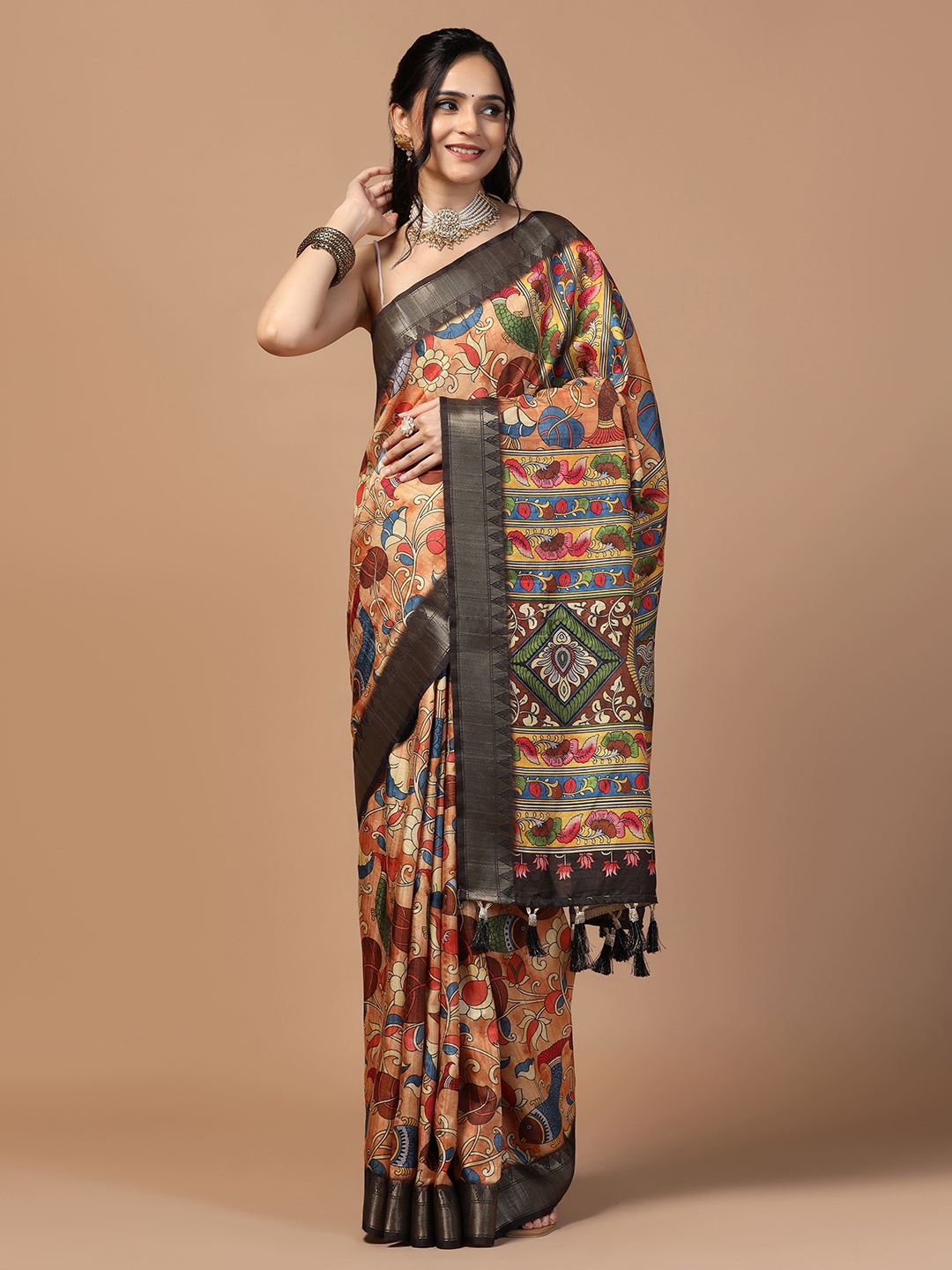 

Kaizen TEXO FAB Women Kalamkari Printed Tussar Saree With Zari Border, Bronze