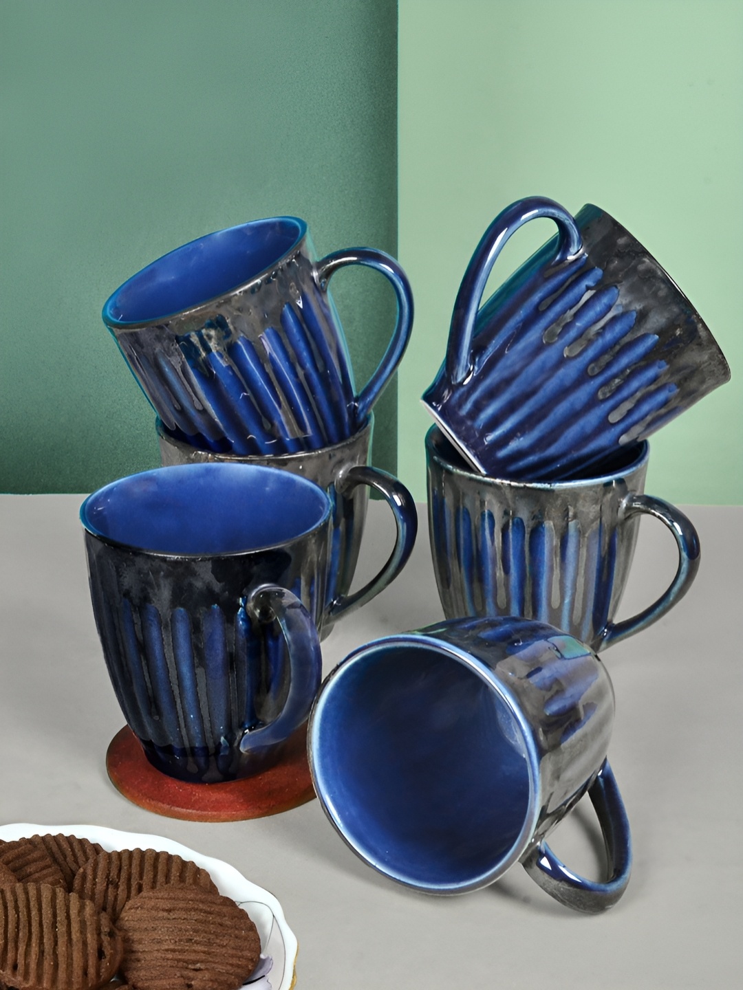 

FABINALIV Set of 6 Blue Striped Handcrafted Ceramics Glossy Mugs