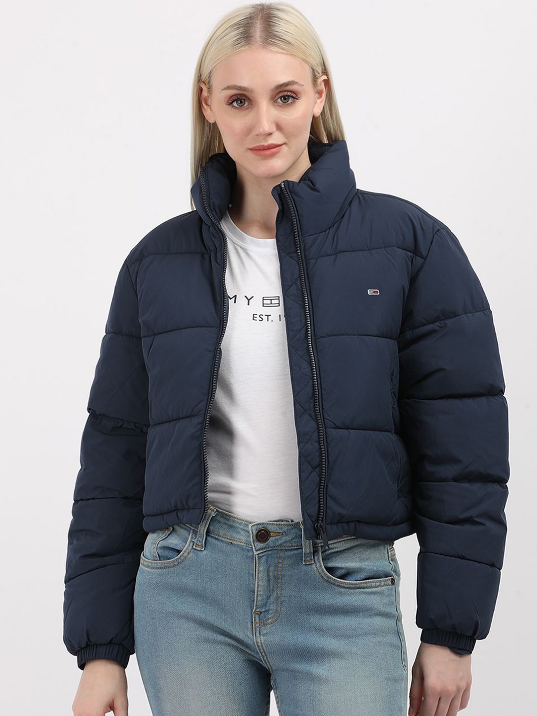 

Tommy Hilfiger Women Colourblocked Longline Puffer Jacket, Blue