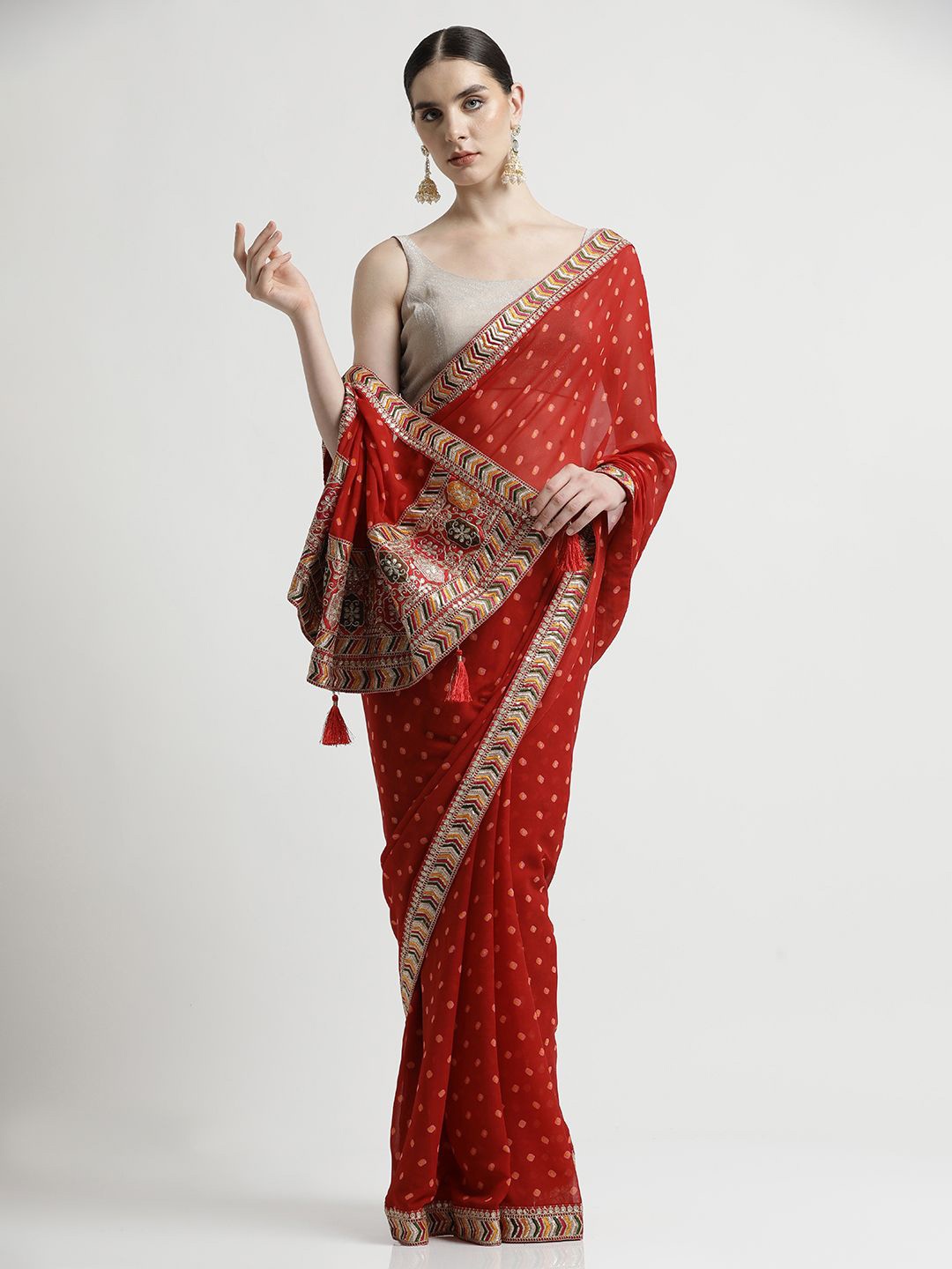 

Jaipur Kurti Bandhani Embroidered Saree, Red