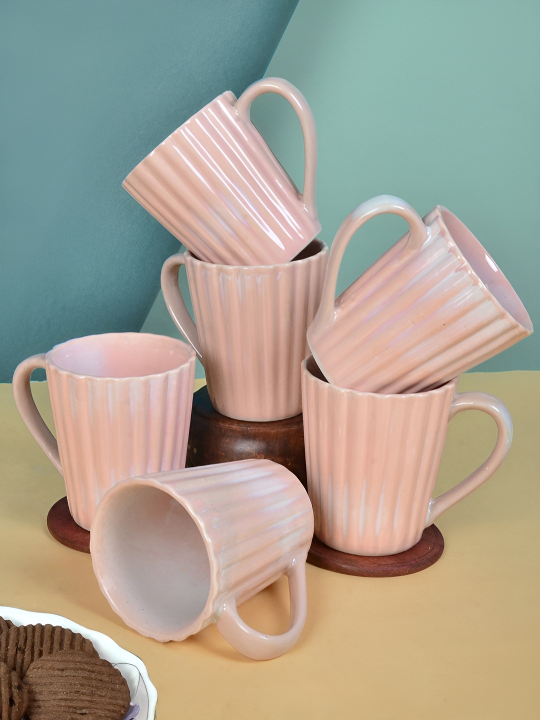 

FABINALIV Set of 6 Pink Striped Handcrafted Ceramics Glossy Mugs