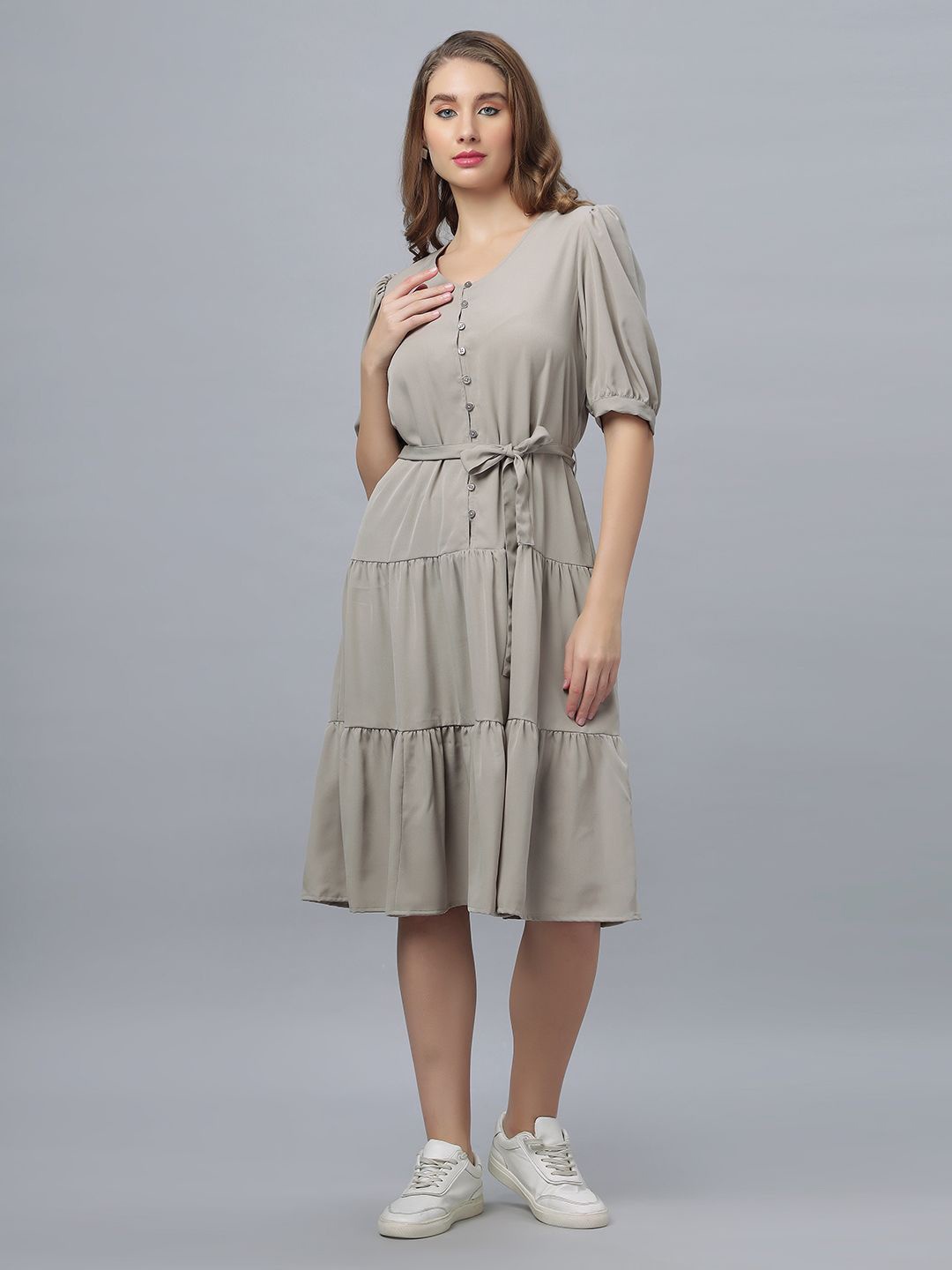 

The Roadster Lifestyle Co Puff Sleeves Tiered Fit & Flare Midi Dress, Grey