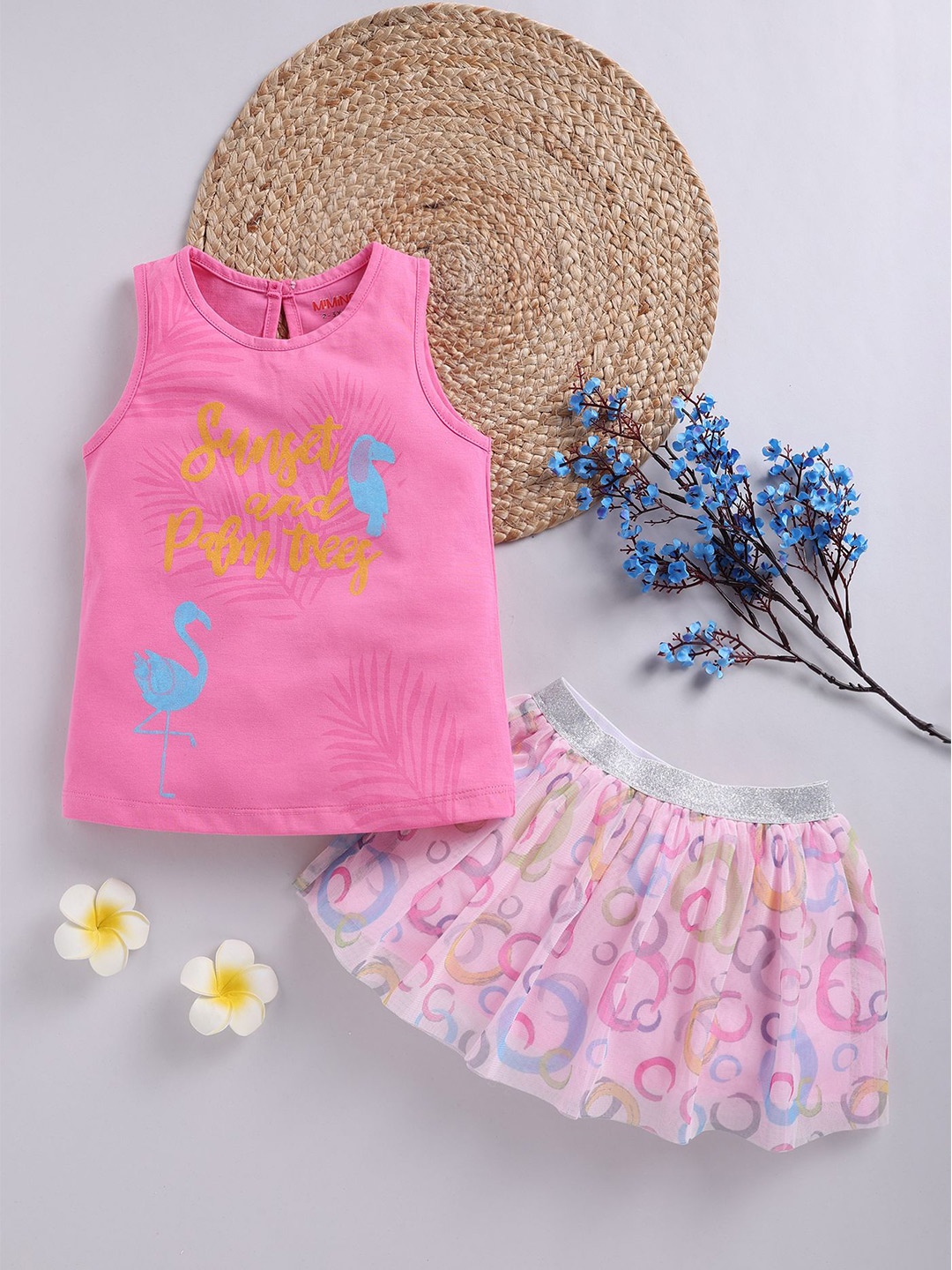 

MIMINO Girls Printed Top with Skirt, Pink