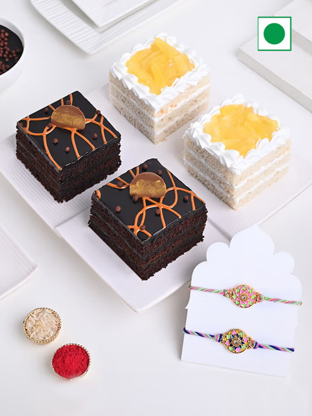 

Floweraura Set Of 6 Floral Rakhi With Chocolate & Pineapple Pastries Gift Set, Pink