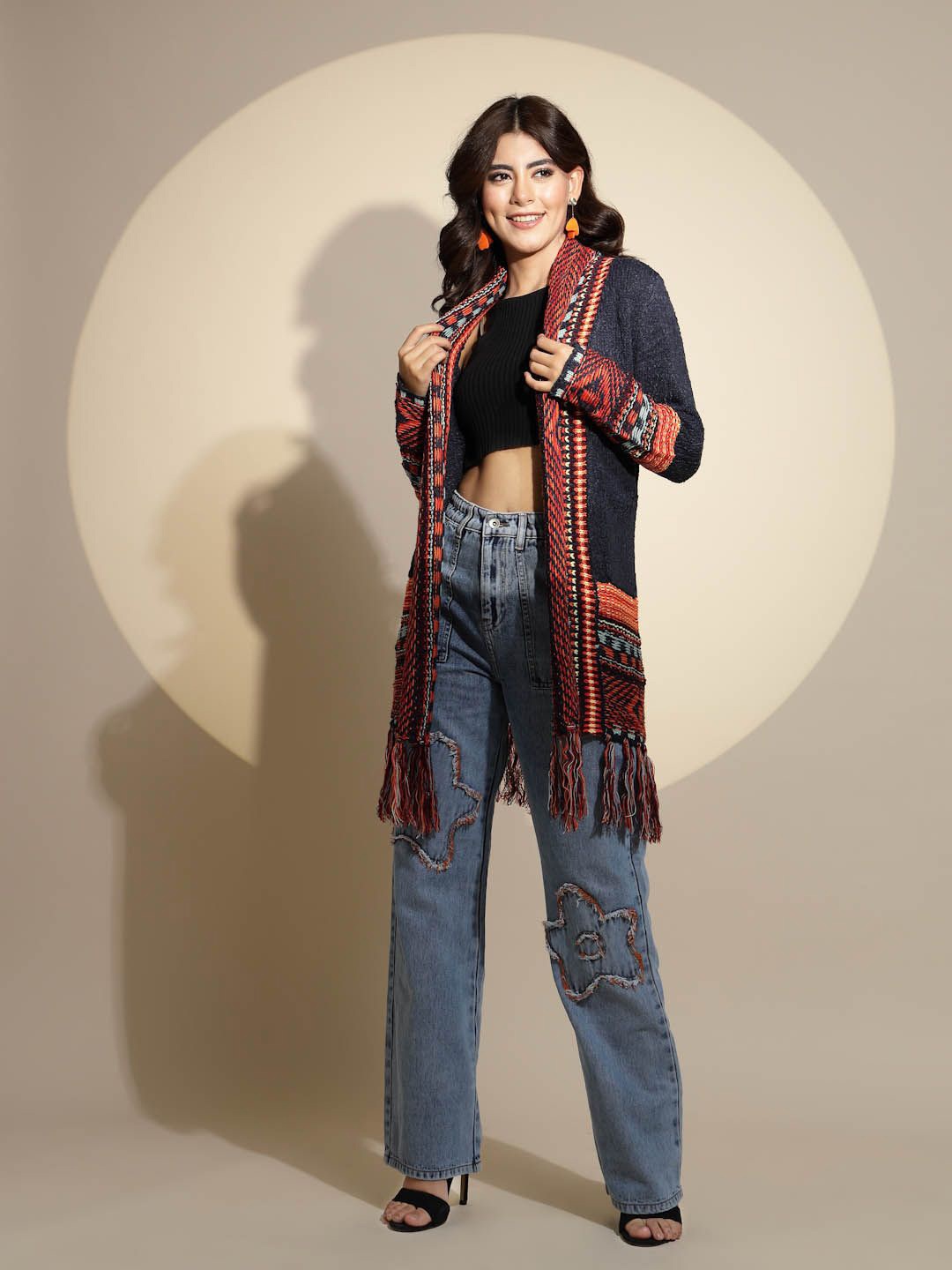 

Global Republic Women Printed Longline Shrug, Navy blue