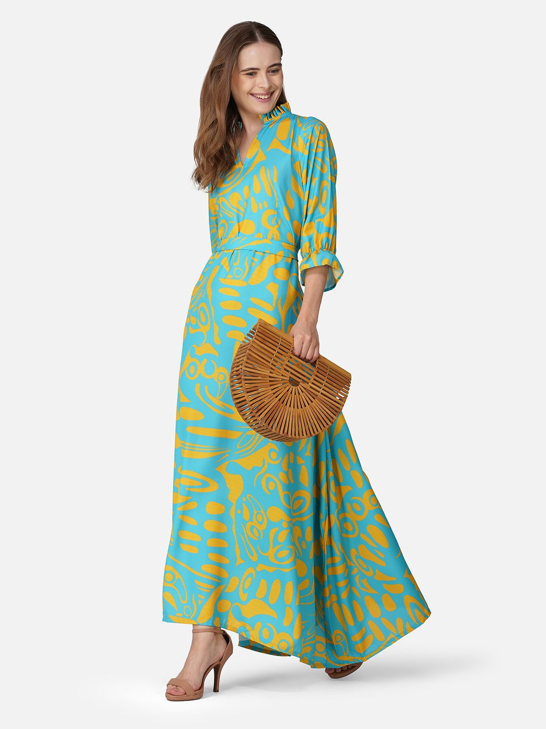 

BCZ Style Abstract Bell Sleeve Maxi Dress, Blue