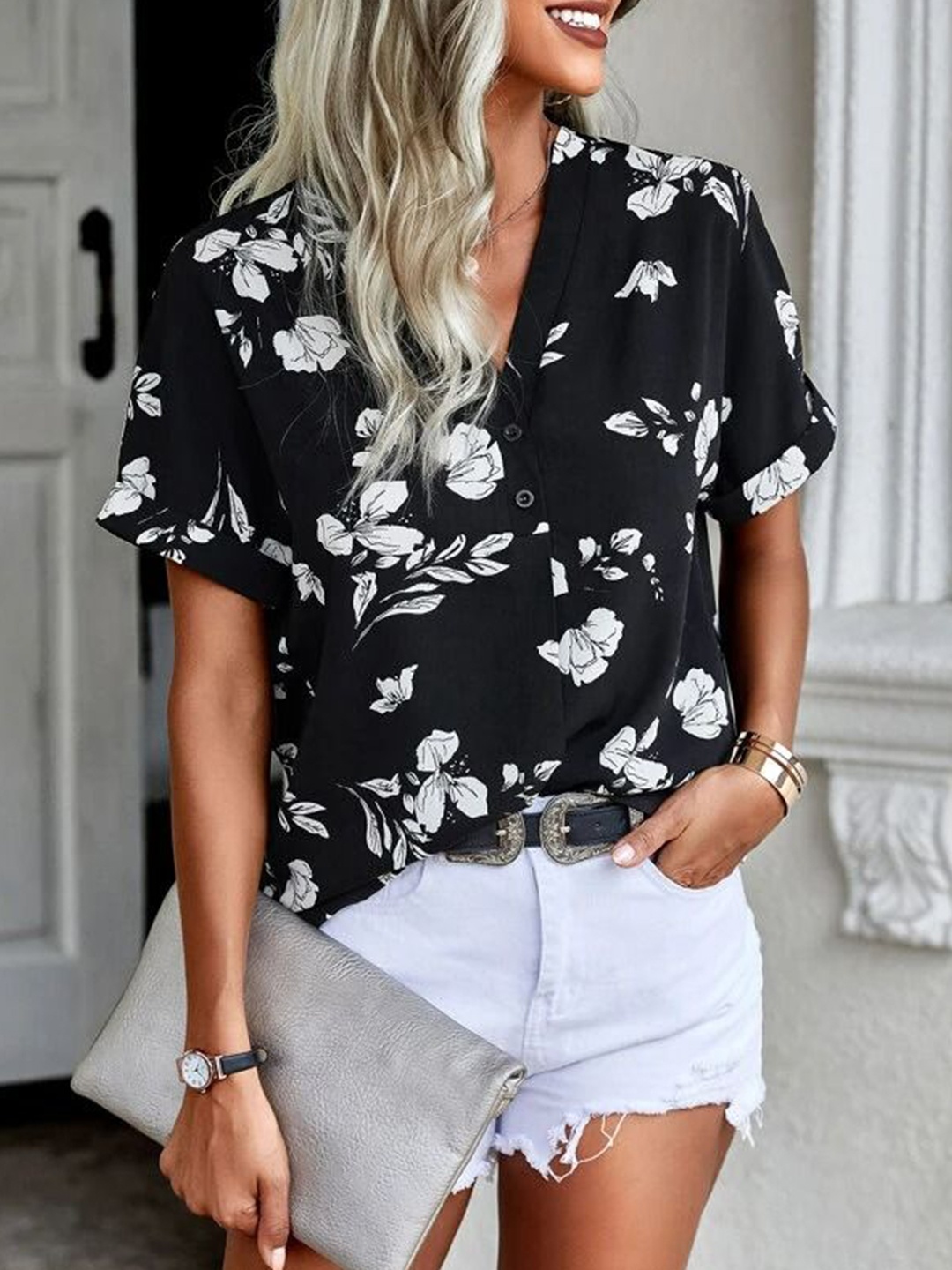 

Stylecast X Slyck Floral Print Roll-Up Sleeves Top, Black