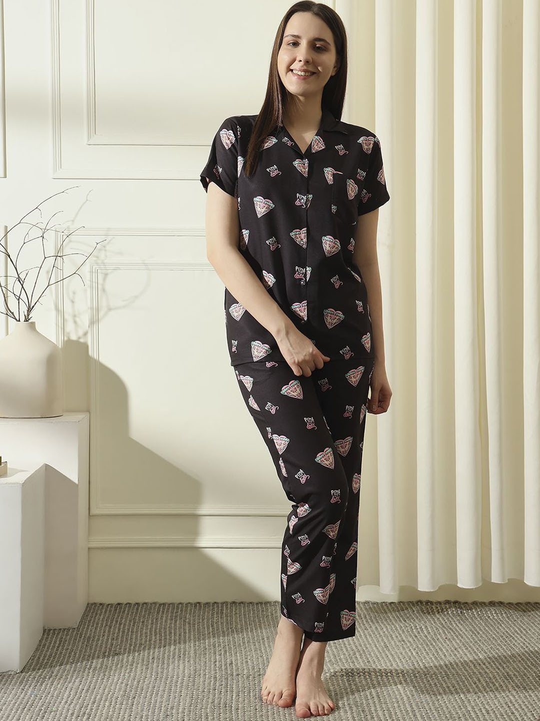 

House of Comfort Women Printed Night suits, Black