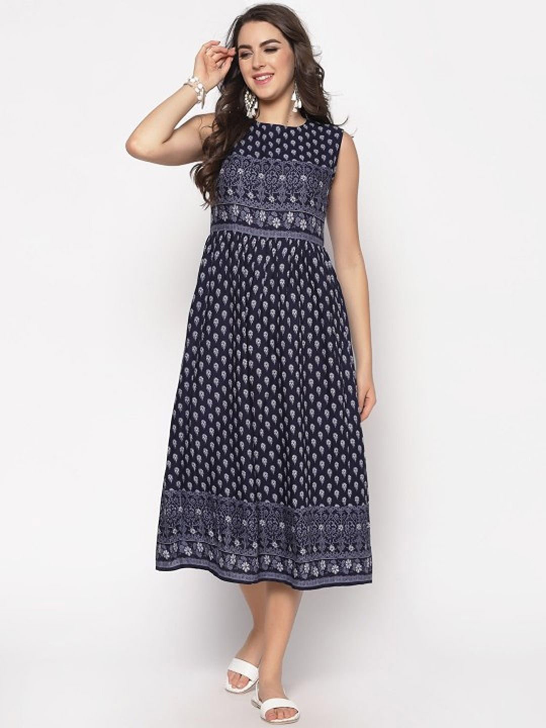 

Sera Ethnic Motifs Print A-Line Midi Dress, Navy blue