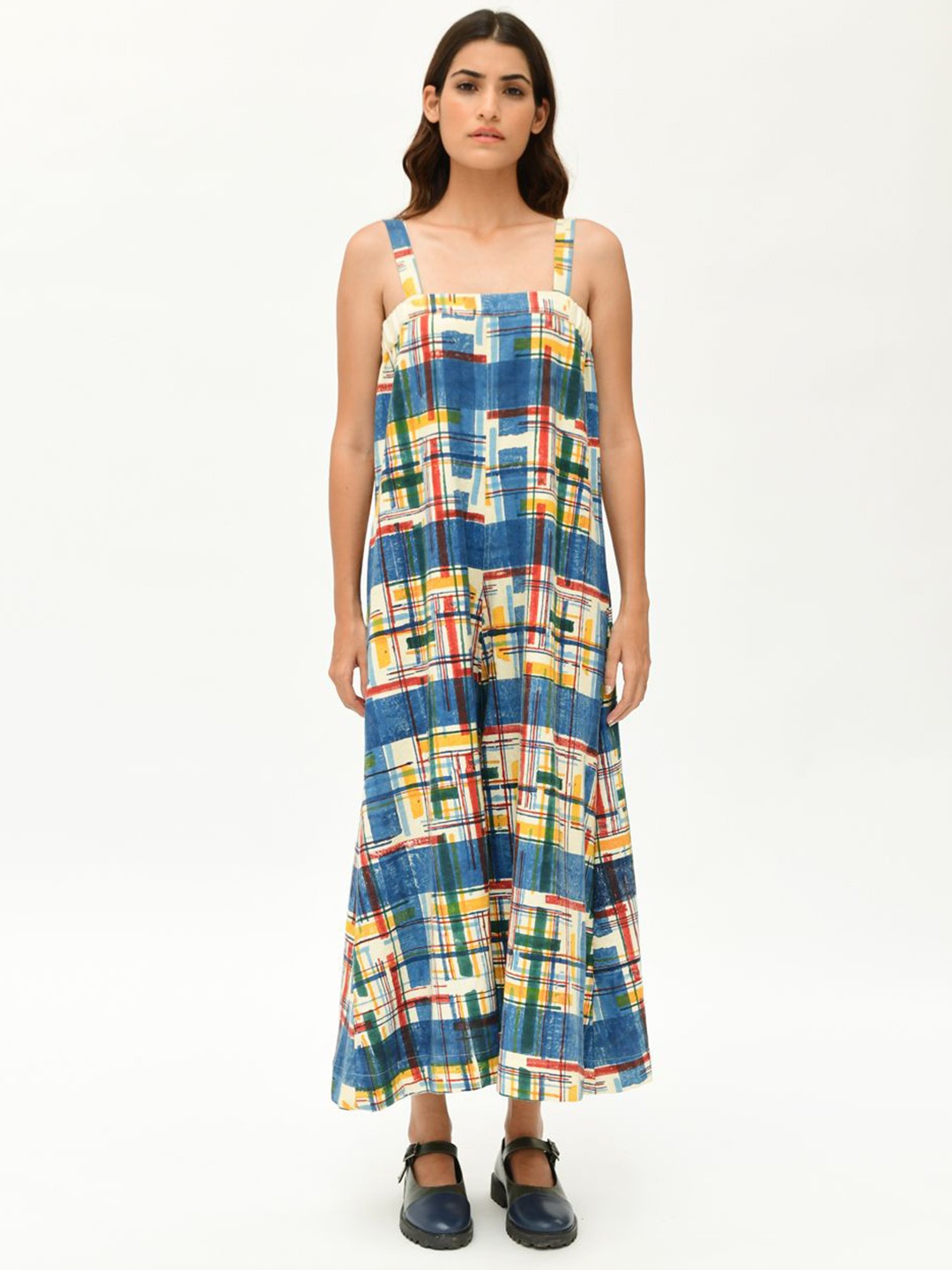 

Rias Jaipur Organic Cotton Colourblocked Culotte Jumpsuit, Blue