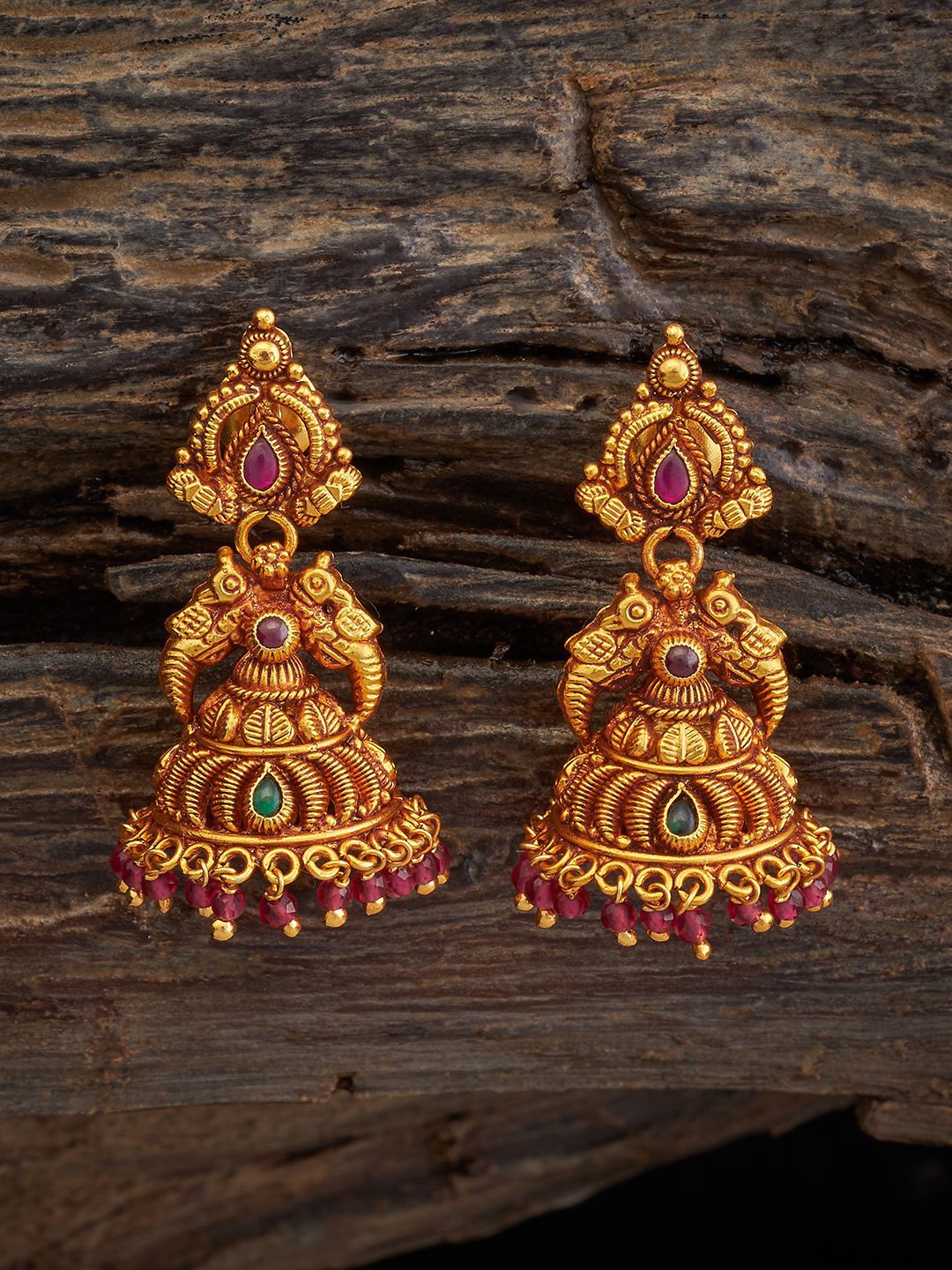 

Kushal's Fashion Jewellery 92.5 Pure Silver Gold-Plated Dome Shaped Antique Jhumkas, Red