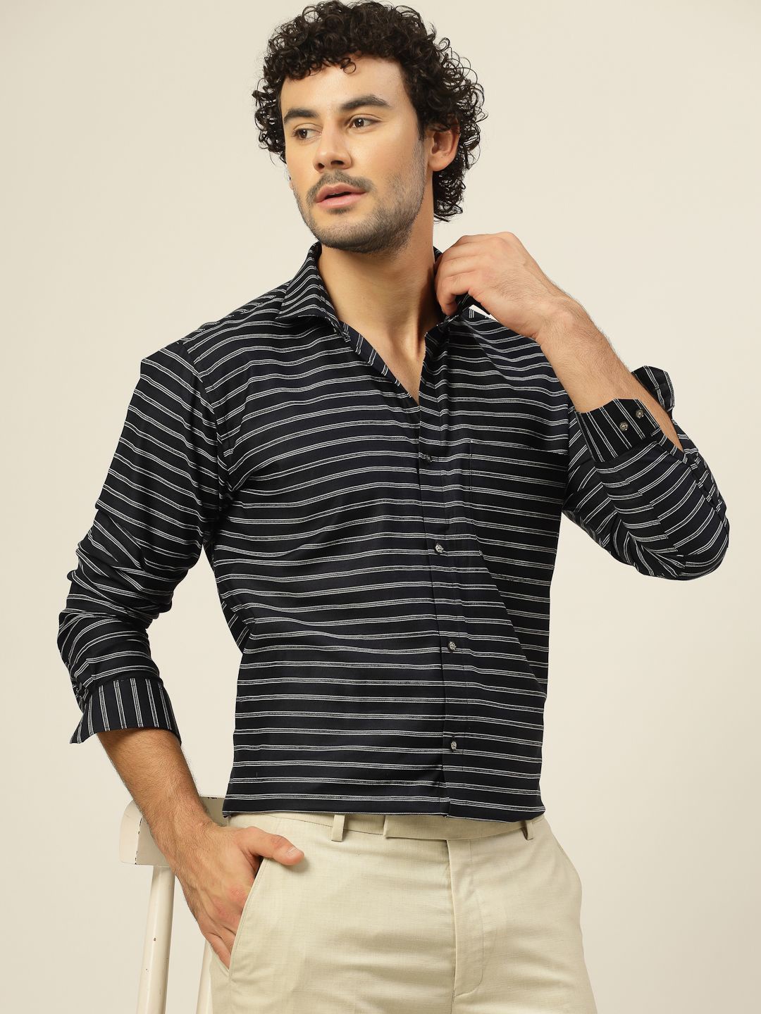 

JADEBERRY Men Classic Slim Fit Horizontal Stripes Opaque Striped Casual Shirt, Navy blue