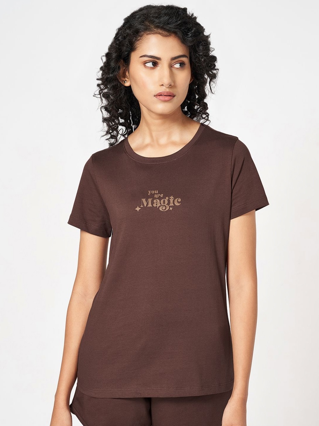 

Ajile by Pantaloons Women Typography Printed Round Neck Cotton T-Shirt, Brown