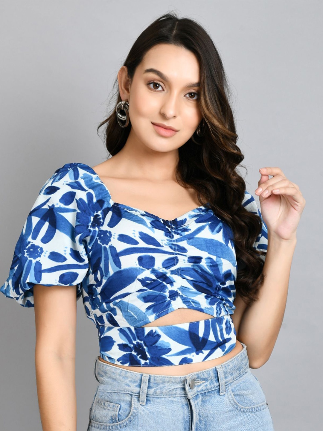 

PRETTY LOVING THING Print Sweetheart Neck Flared Sleeve Wrap Crop Top, Blue