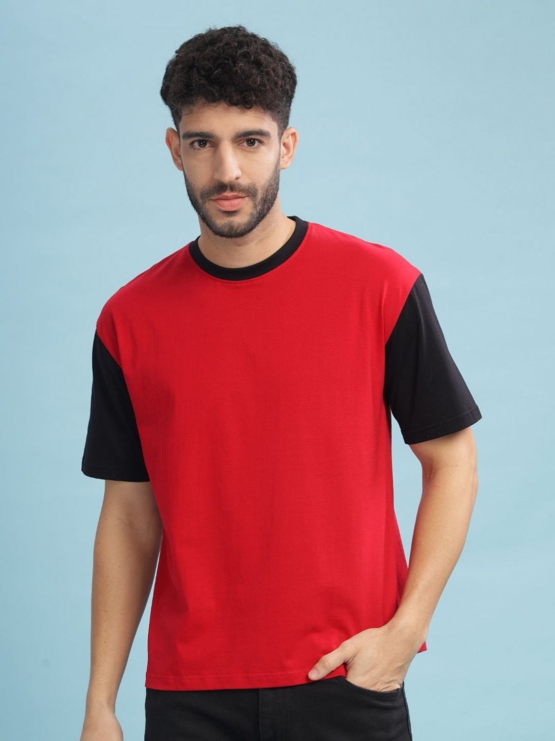 

CAPTCHA Men Colourblocked Round Neck Cotton Oversized T-Shirt, Red