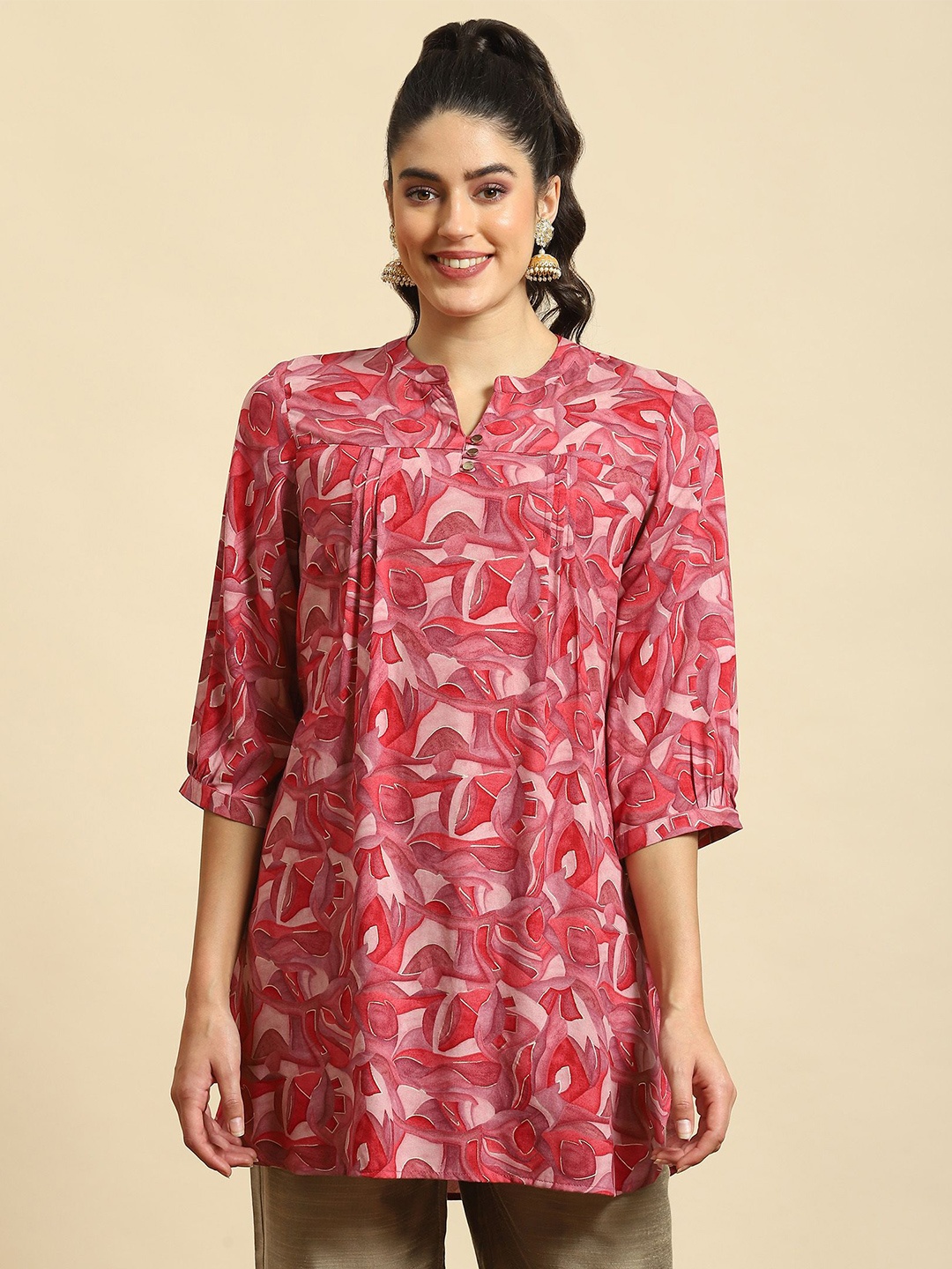 

Shree Liva Mandarin Collar Printed Tunic, Pink