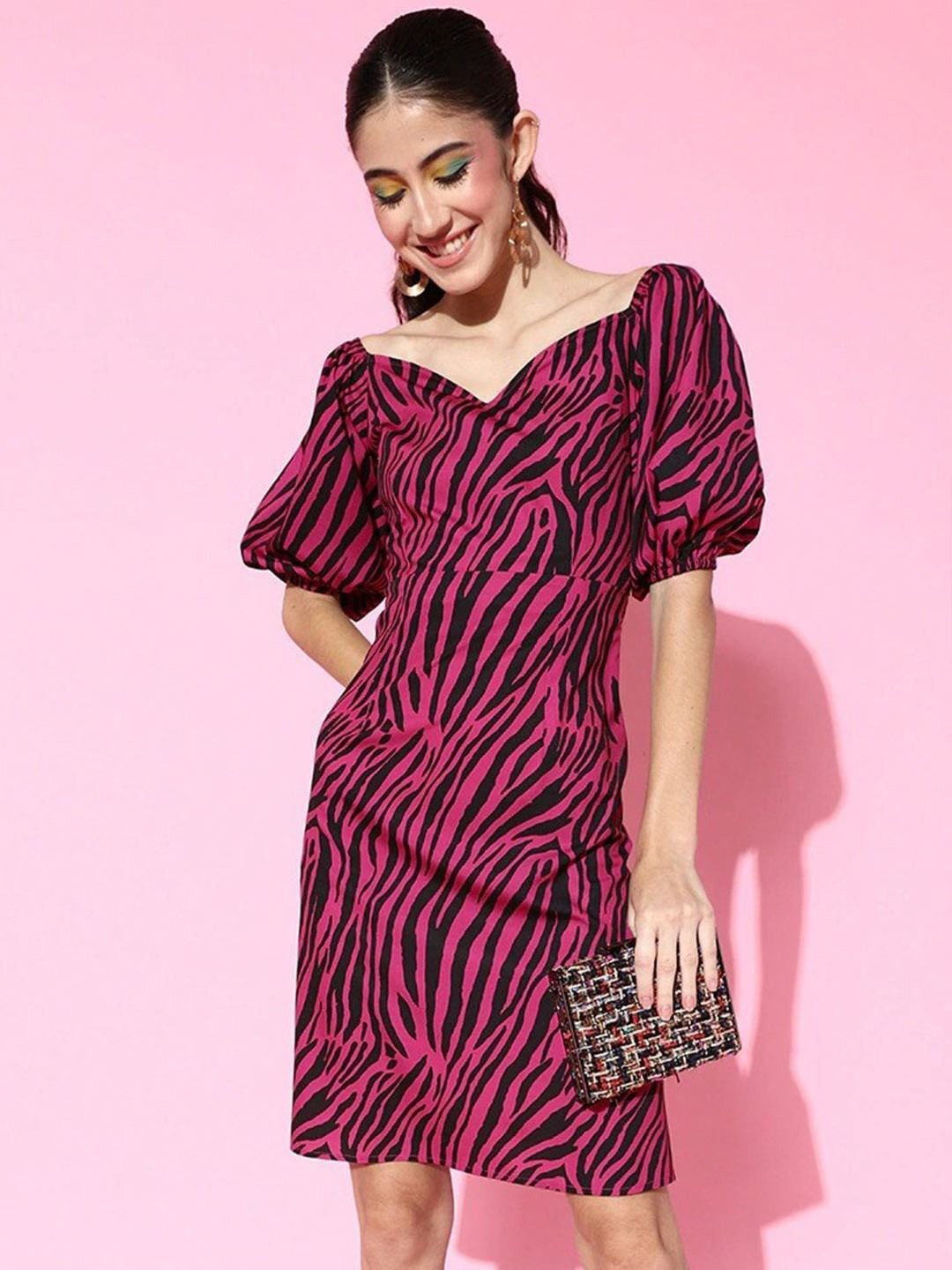 

Sera Women Animal Printed Sweetheart Neck Puff Sleeve A-Line Dress, Fuchsia