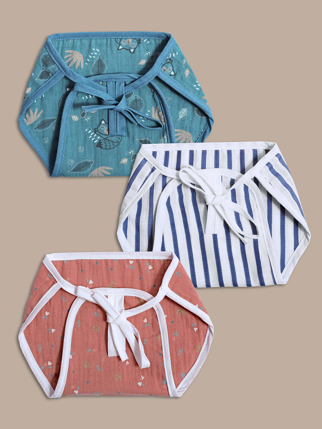 

OBOW Set Of 3 Organic Cotton Muslin Cushioned Langot Cloth Diapers, Blue