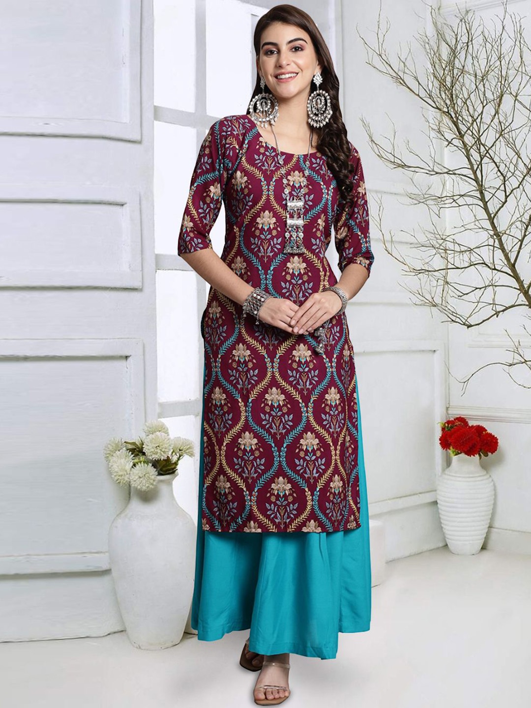 

7Threads Women Geometric Dyed Keyhole Neck Mirror Work Floral Crepe Kurta, Multi