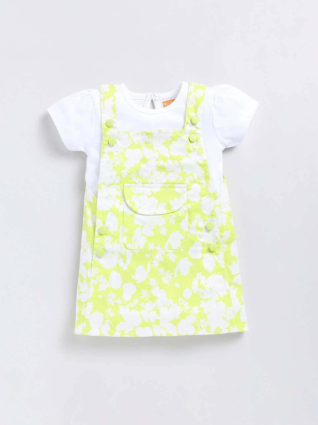 

SNUGGLY MONKEY Girls Floral Print Pinafore Dress With T-Shirt, Lime green