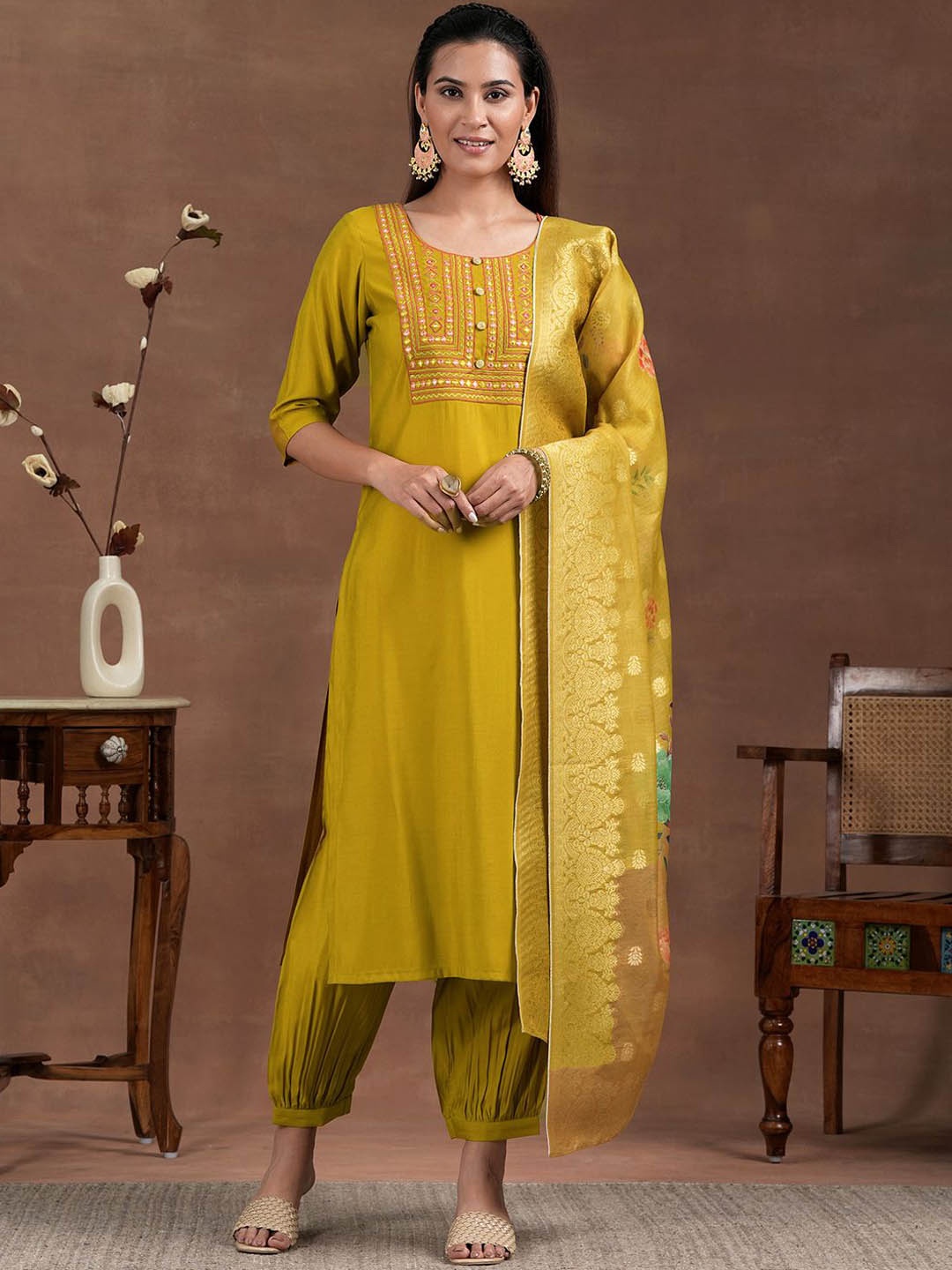 

Libas Floral Yoke Design Mirror Work Straight Kurta With Salwar & Dupatta, Mustard