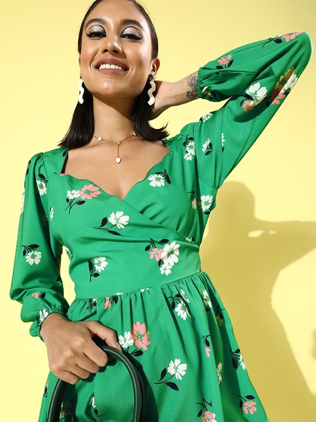 

Sera Floral Printed Wrap Mini Dress, Green