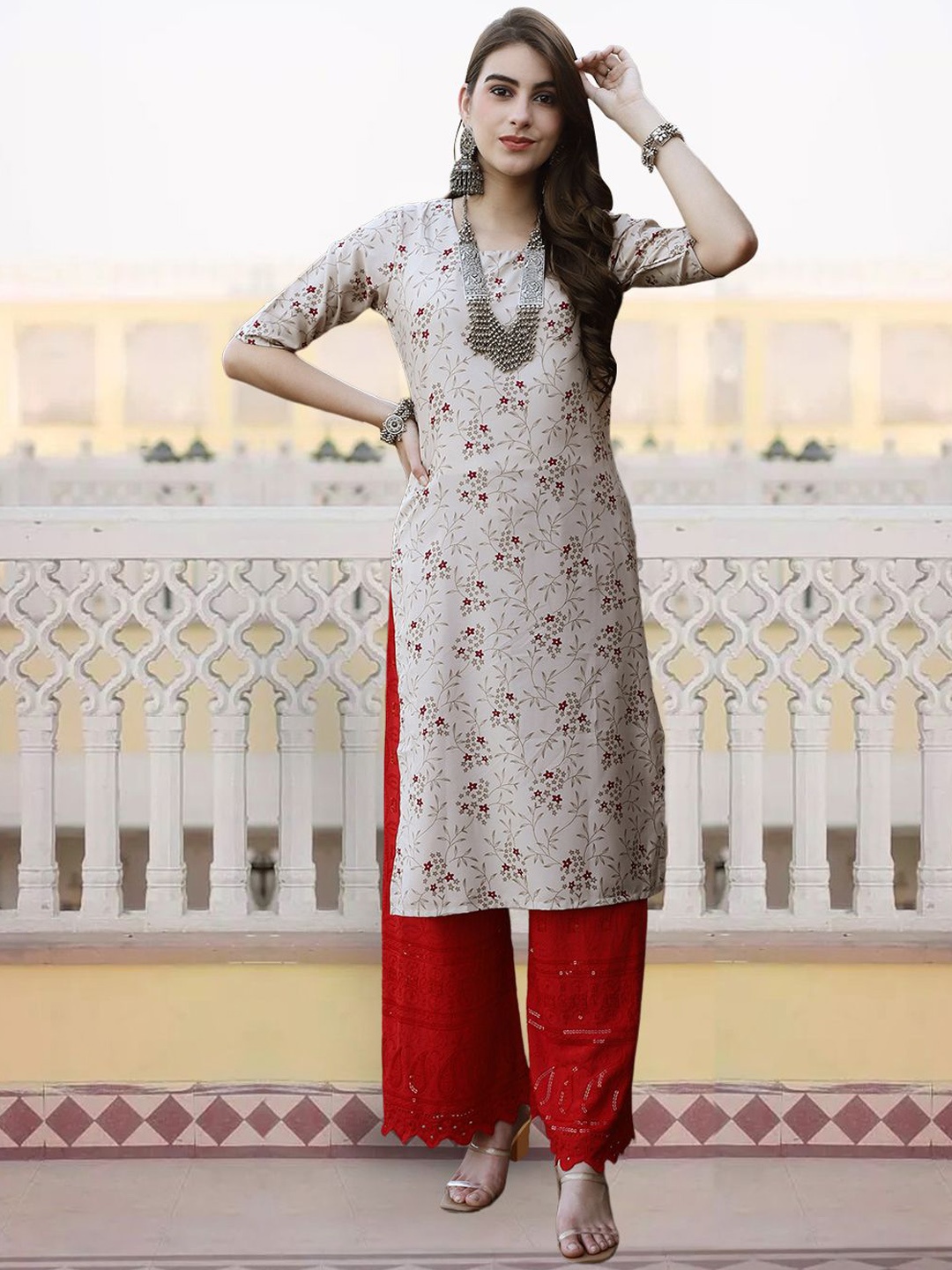 

7Threads Women Ethnic Motifs Printed Sequinned Floral Crepe Kurta, Multi