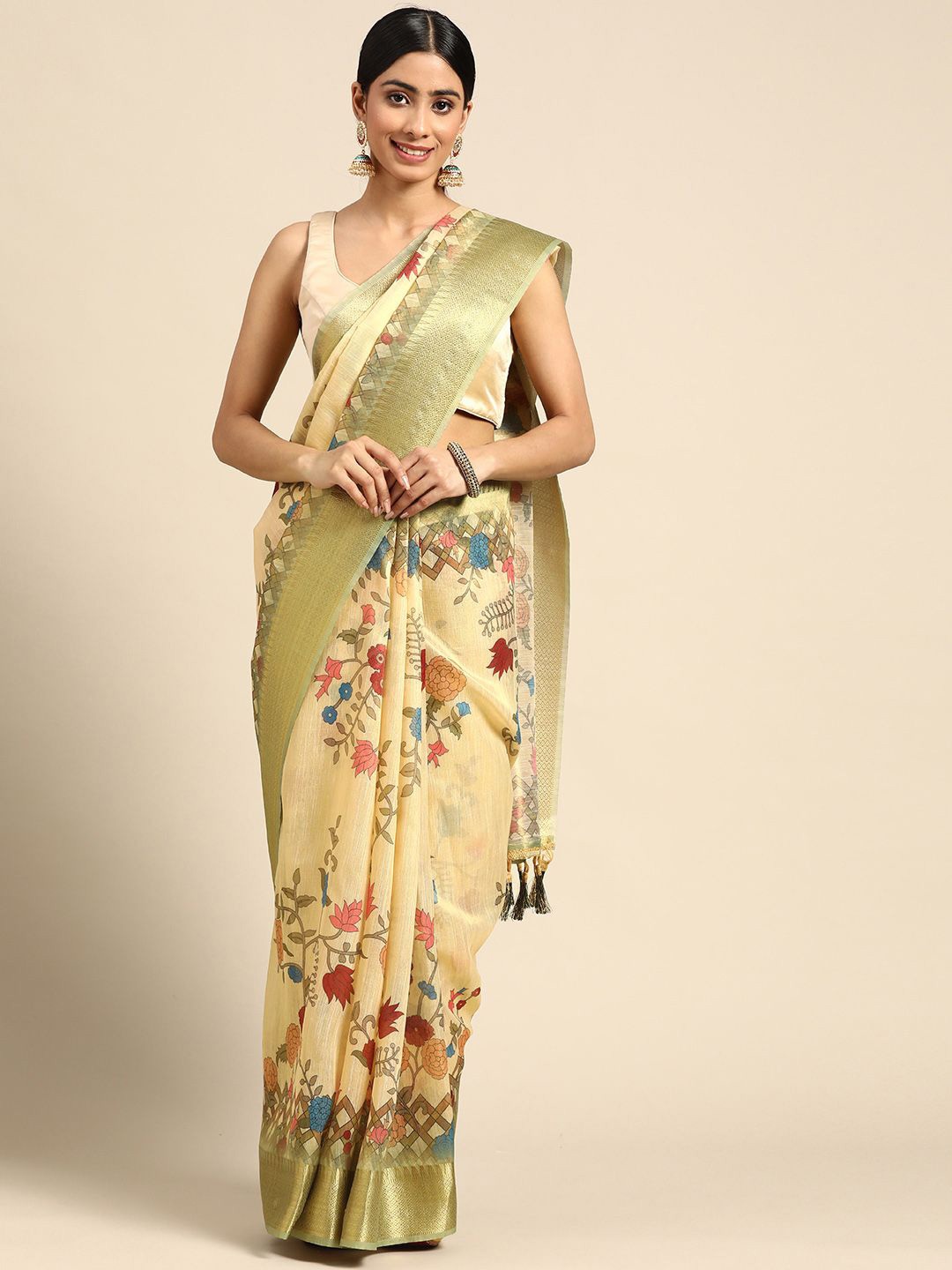 

Kaizen TEXO FAB Floral Printed Zari Border Khadi Saree, Cream