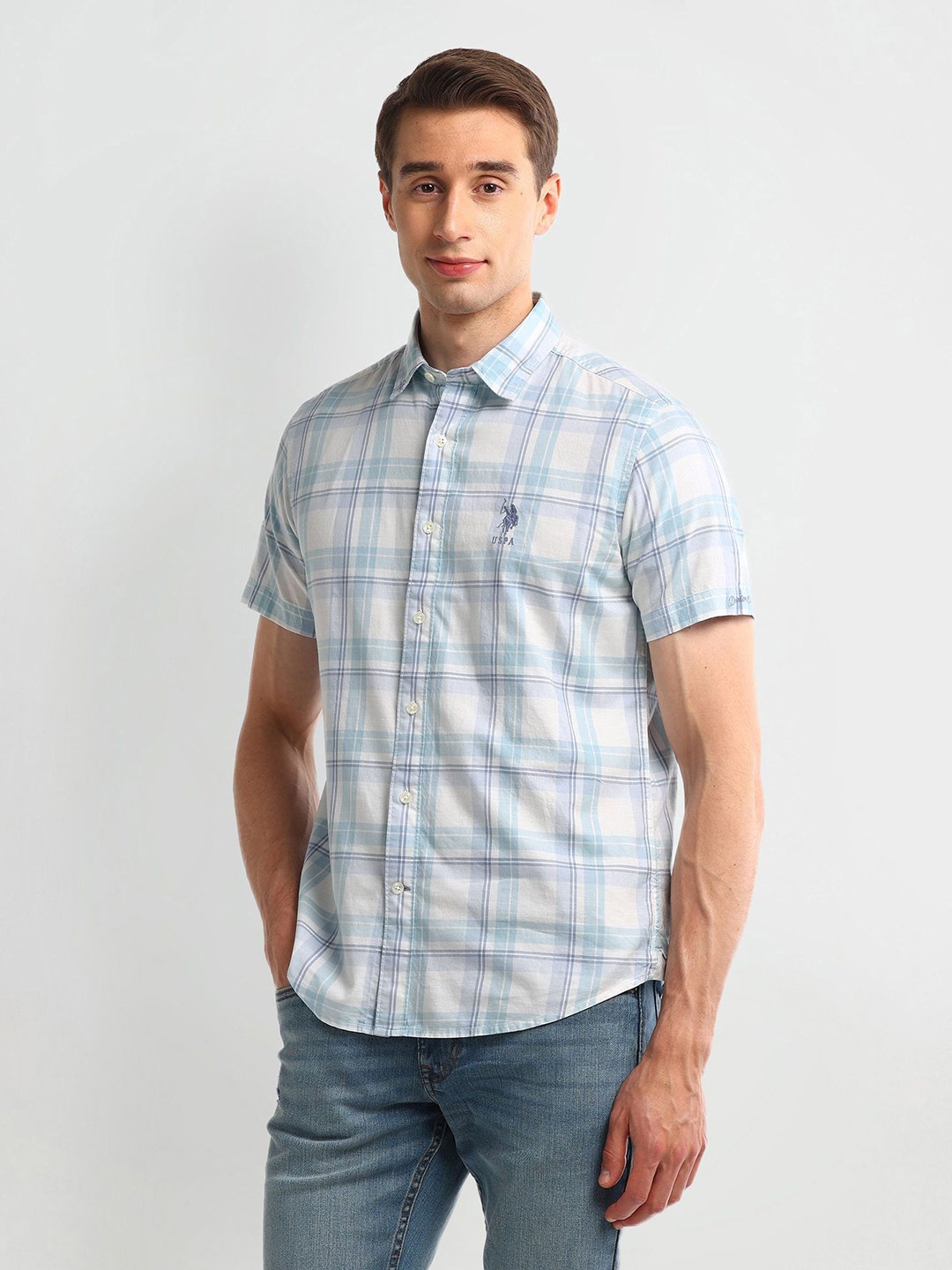 

U.S. Polo Assn. Denim Co. Men Classic Slim Fit Opaque Checked Casual Shirt, Blue