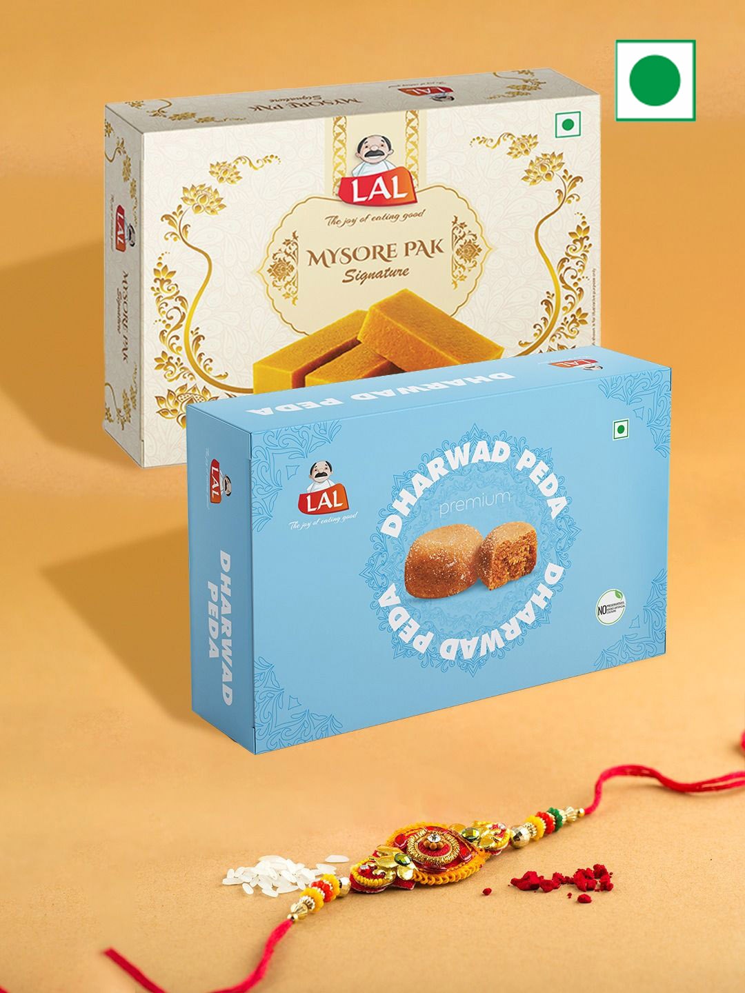 

LAL 1-Pc Rakhi With Mysore Pak & Dharwad Peda Gifts 400g Each, White