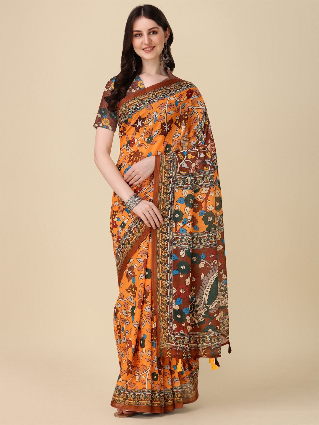 

Kaizen TEXO FAB Kalamkari Khadi Saree, Mustard