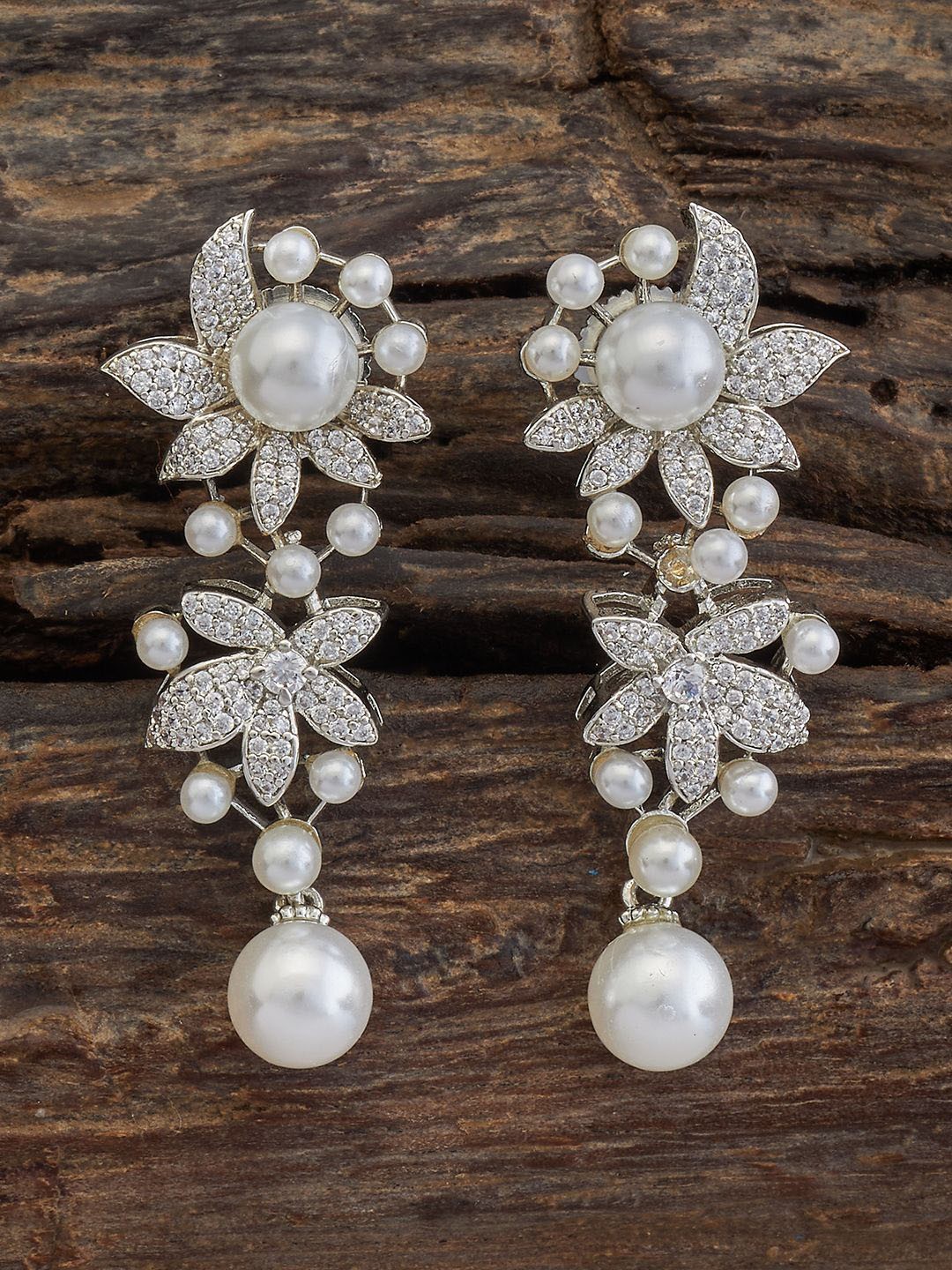 

Kushal's Fashion Jewellery Rhodium Plated Floral Cubic Zirconia Studded Drop Earrings, White