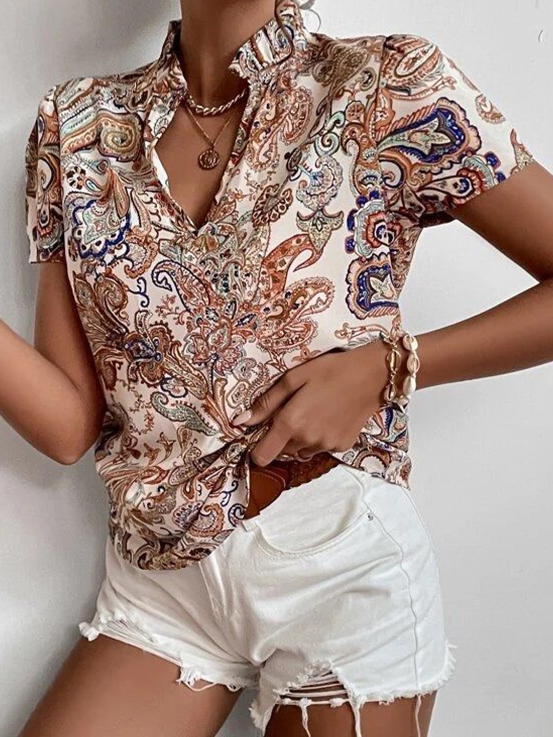 

Stylecast X Slyck Floral Printed Mandarin Collar Puff Sleeve Top, Cream
