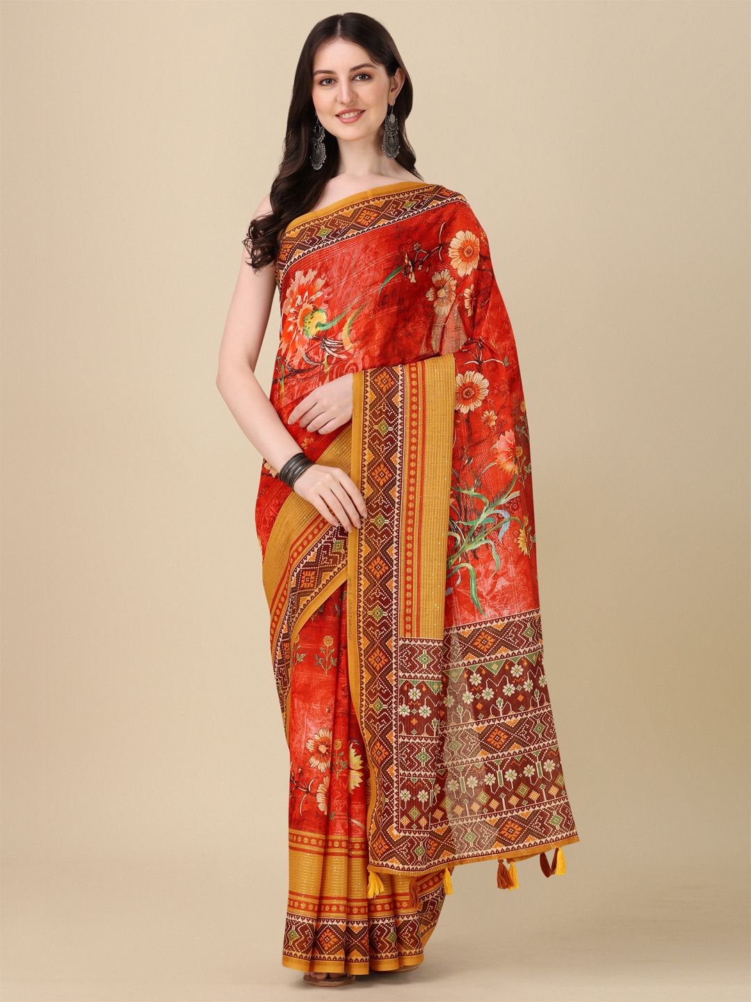 

Kaizen TEXO FAB Floral Printed Khadi Saree, Red