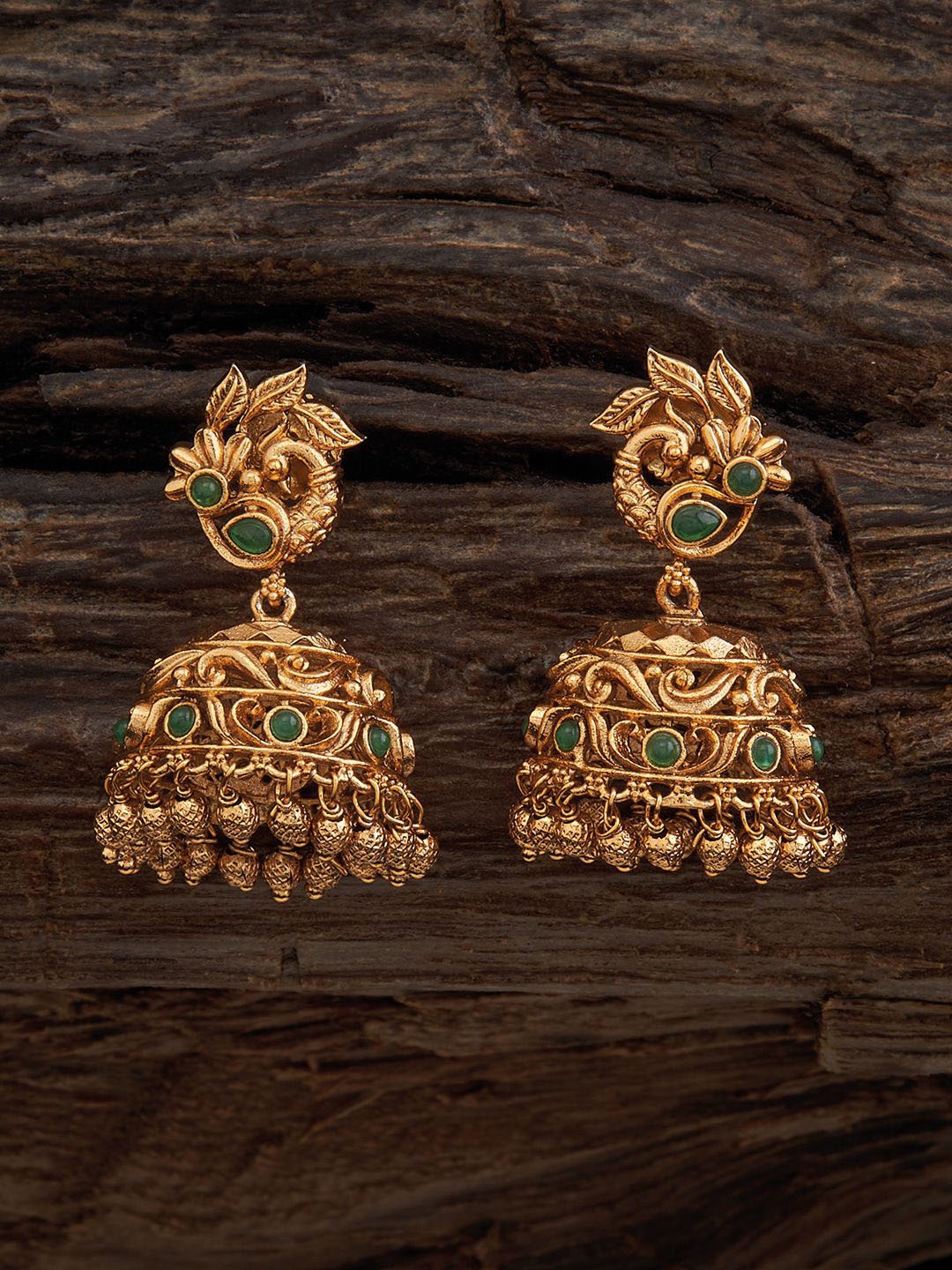 

Kushal's Fashion Jewellery Gold Plated Cubic Zirconia Studded Dome Shaped Antique Jhumkas, Green