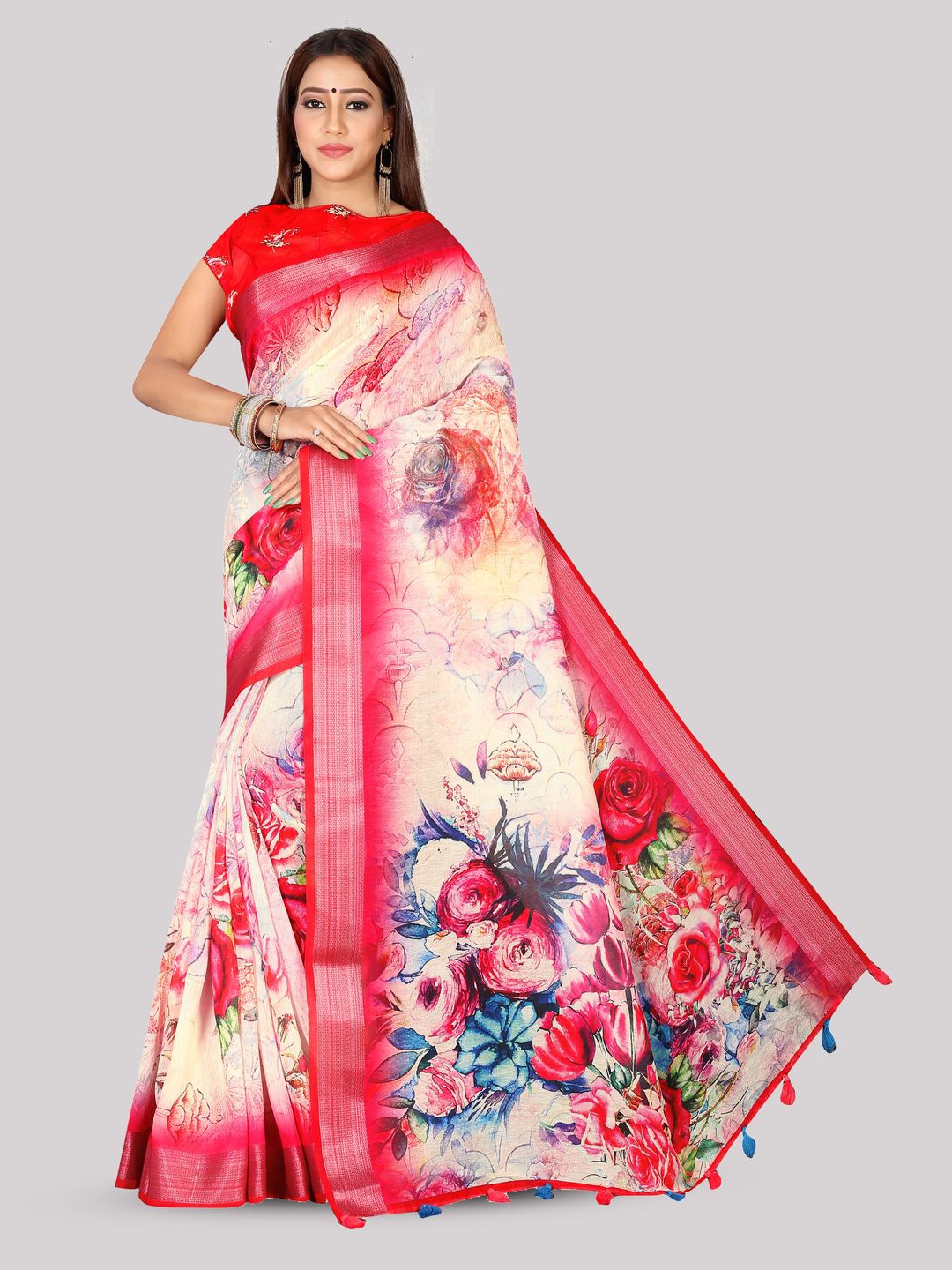 

Kaizen TEXO FAB Women Floral Printed Zari Khadi Saree With Zari Boarder, Red