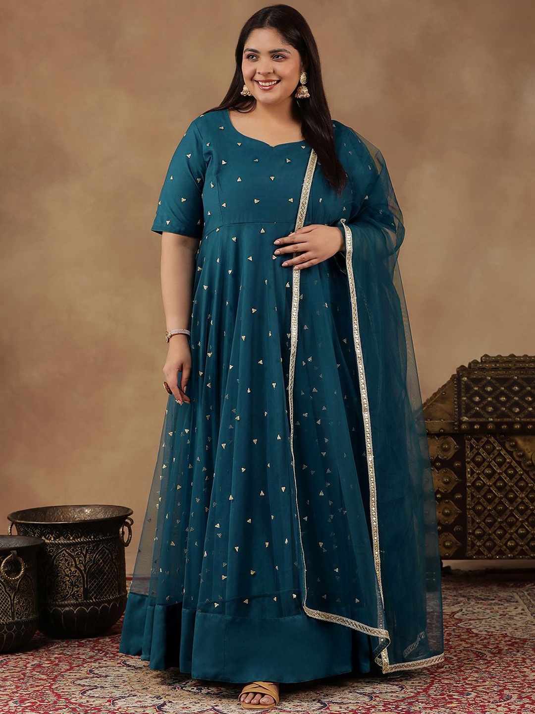 

INDDUS PLUS Sequined Embroidered Anarkali Kurta with Dupatta, Teal