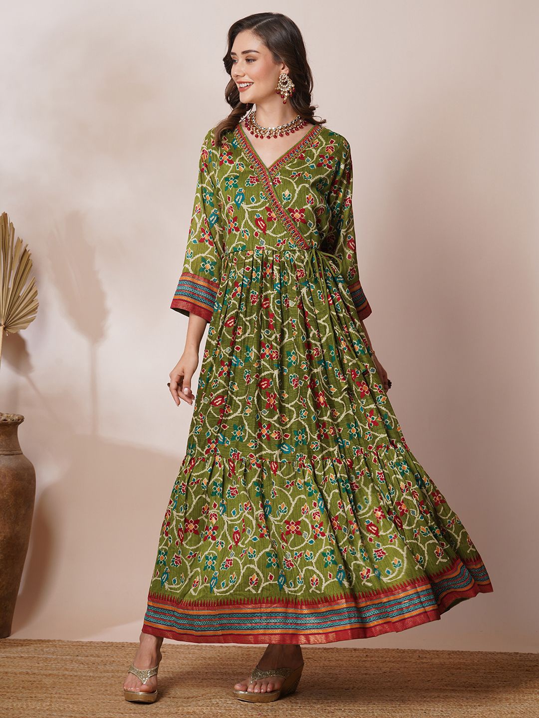 

FASHOR Women Floral Printed Fit and Flare Ethnic Dress, Green