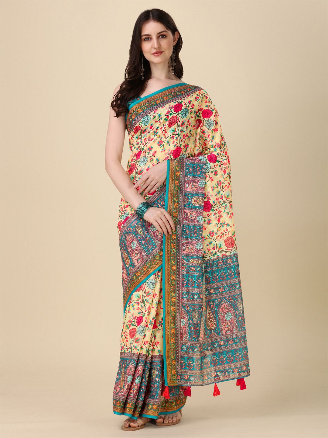 

Kaizen TEXO FAB Women Floral Printed Khadi Saree With Printed Border, Cream