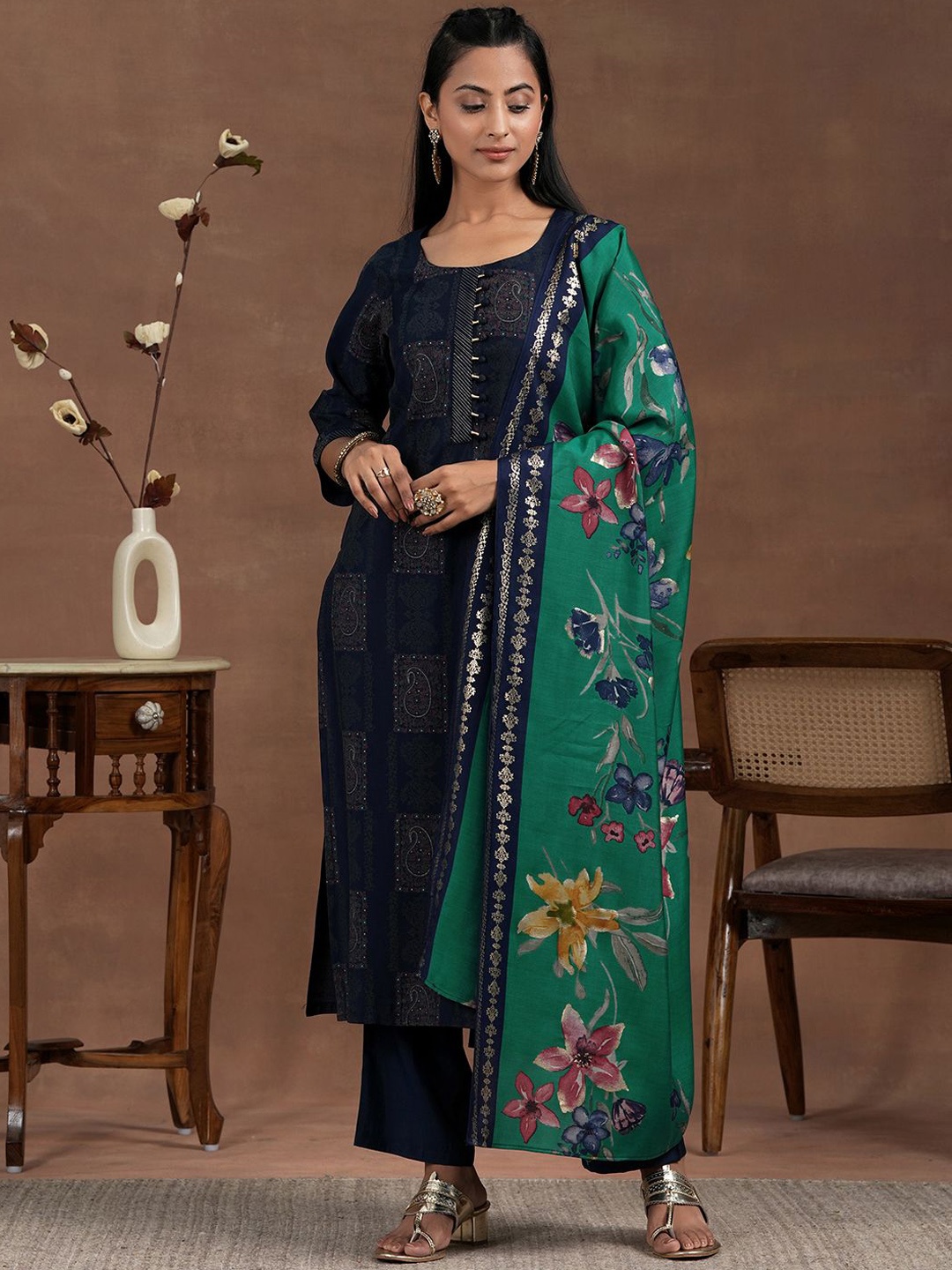 

Libas Paisley Printed Round Neck Straight Kurta with Trousers & Dupatta, Blue