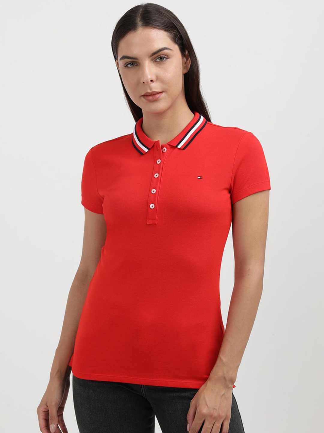 

Tommy Hilfiger Women Polo Collar Slim Fit T-shirt, Red