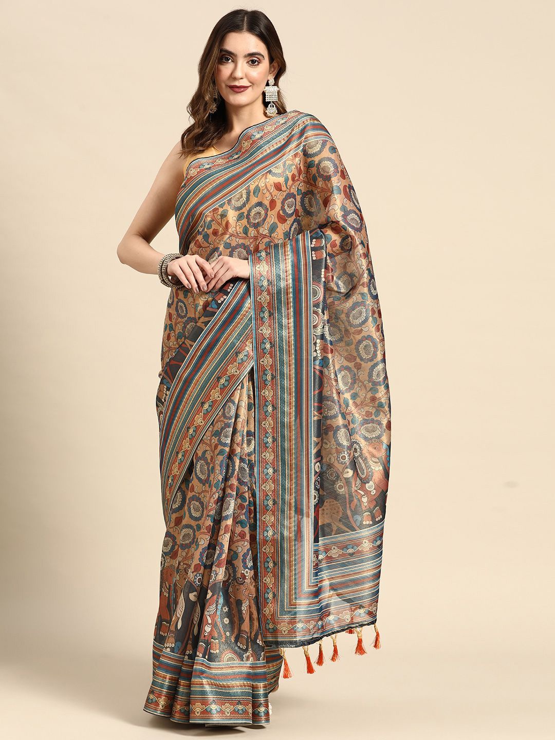 

Kaizen TEXO FAB Floral Khadi Saree, Beige