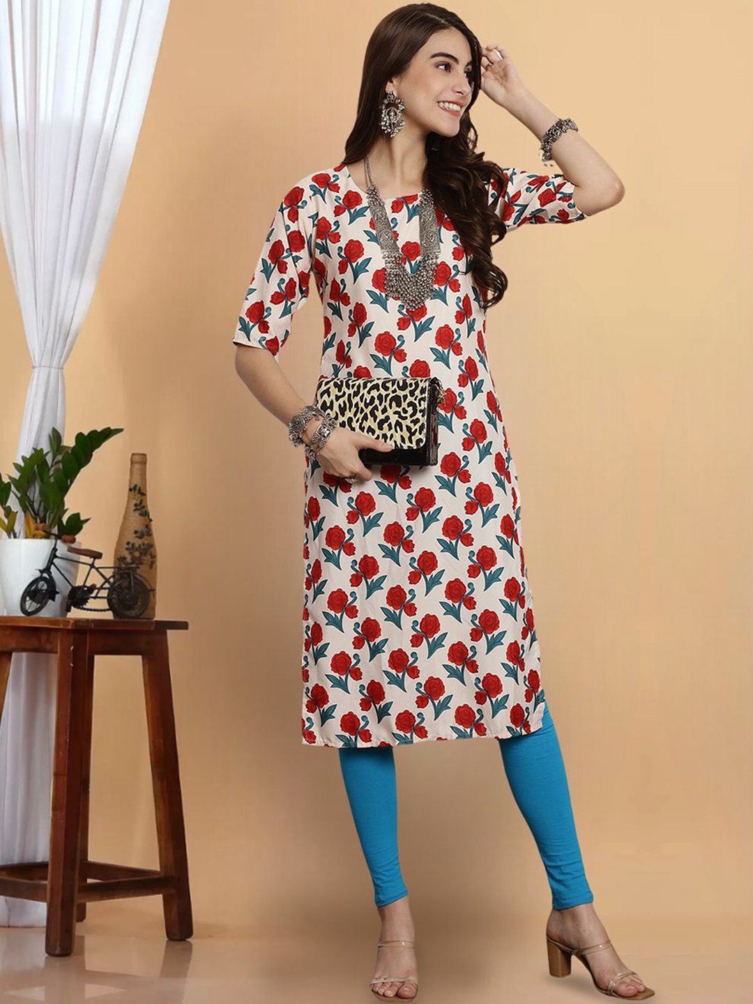

7Threads Women Printed Thread Work Floral Crepe Kurta, Multi