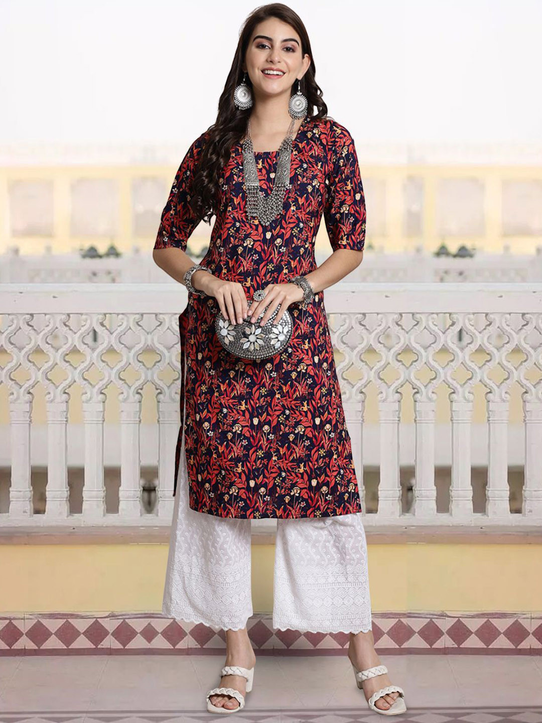 

7Threads Women Ethnic Motifs Printed Sequinned Floral Crepe Kurta, Multi