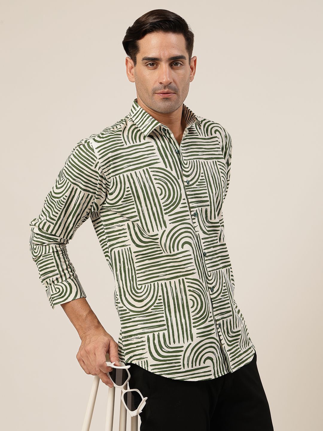 

JADEBERRY Men Classic Slim Fit Opaque Printed Party Shirt, Green