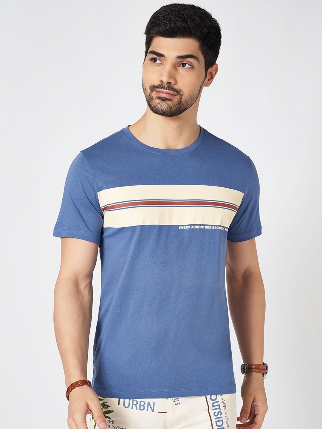 

Urban Ranger by pantaloons Men Striped Round Neck Cotton Slim Fit T-Shirt, Steel