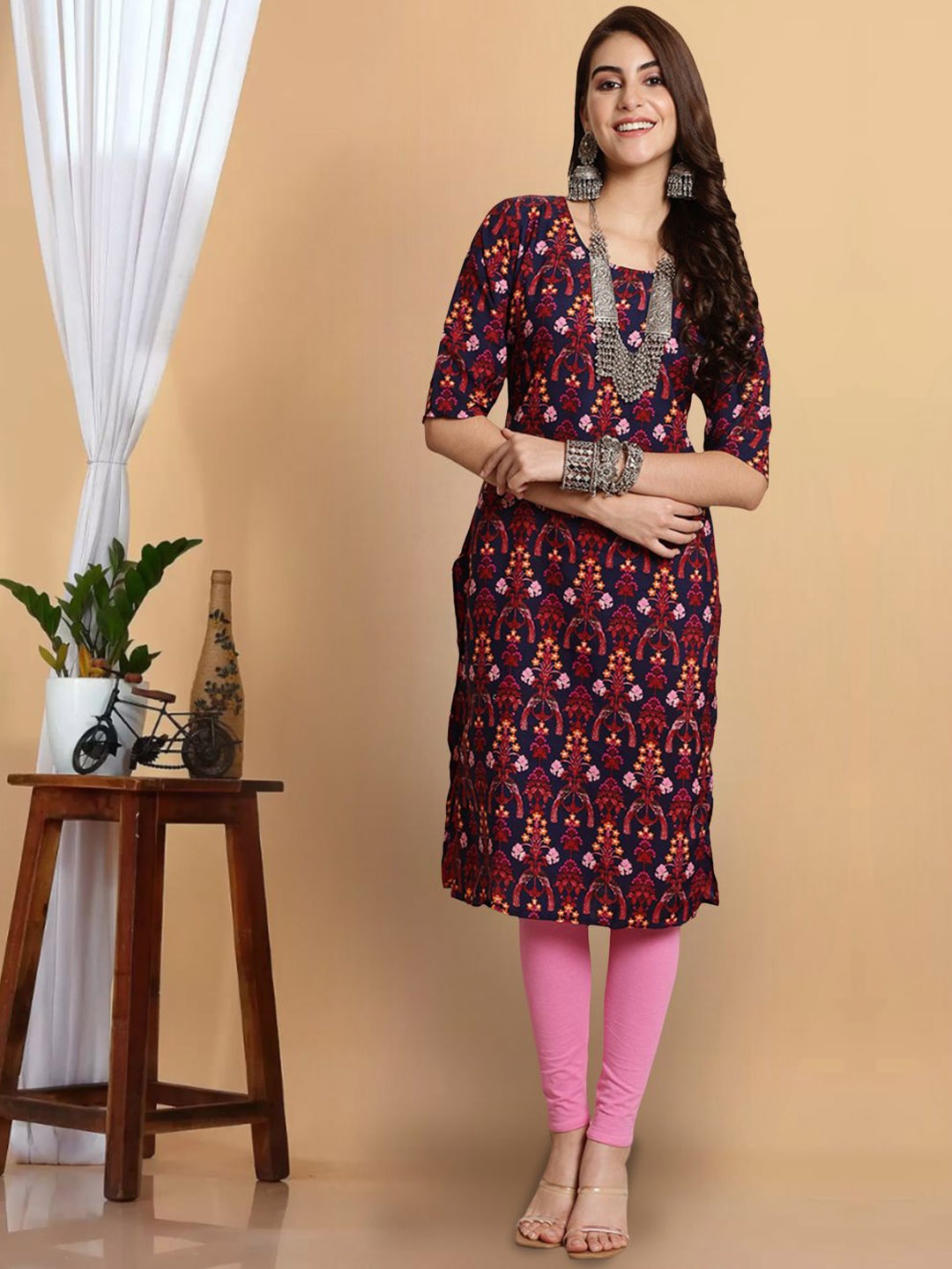 

7Threads Women Floral Printed Thread Work Floral Crepe Kurta, Multi