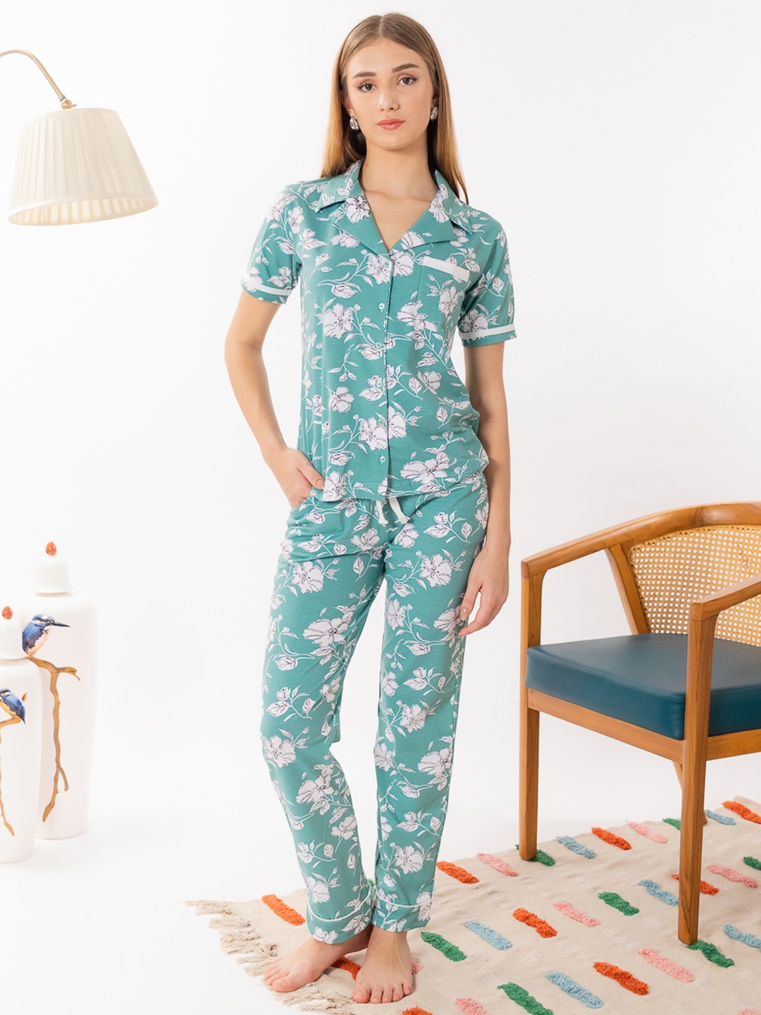 

ELEVENS HEAVEN Floral Printed Shirt With Pyjamas, Green